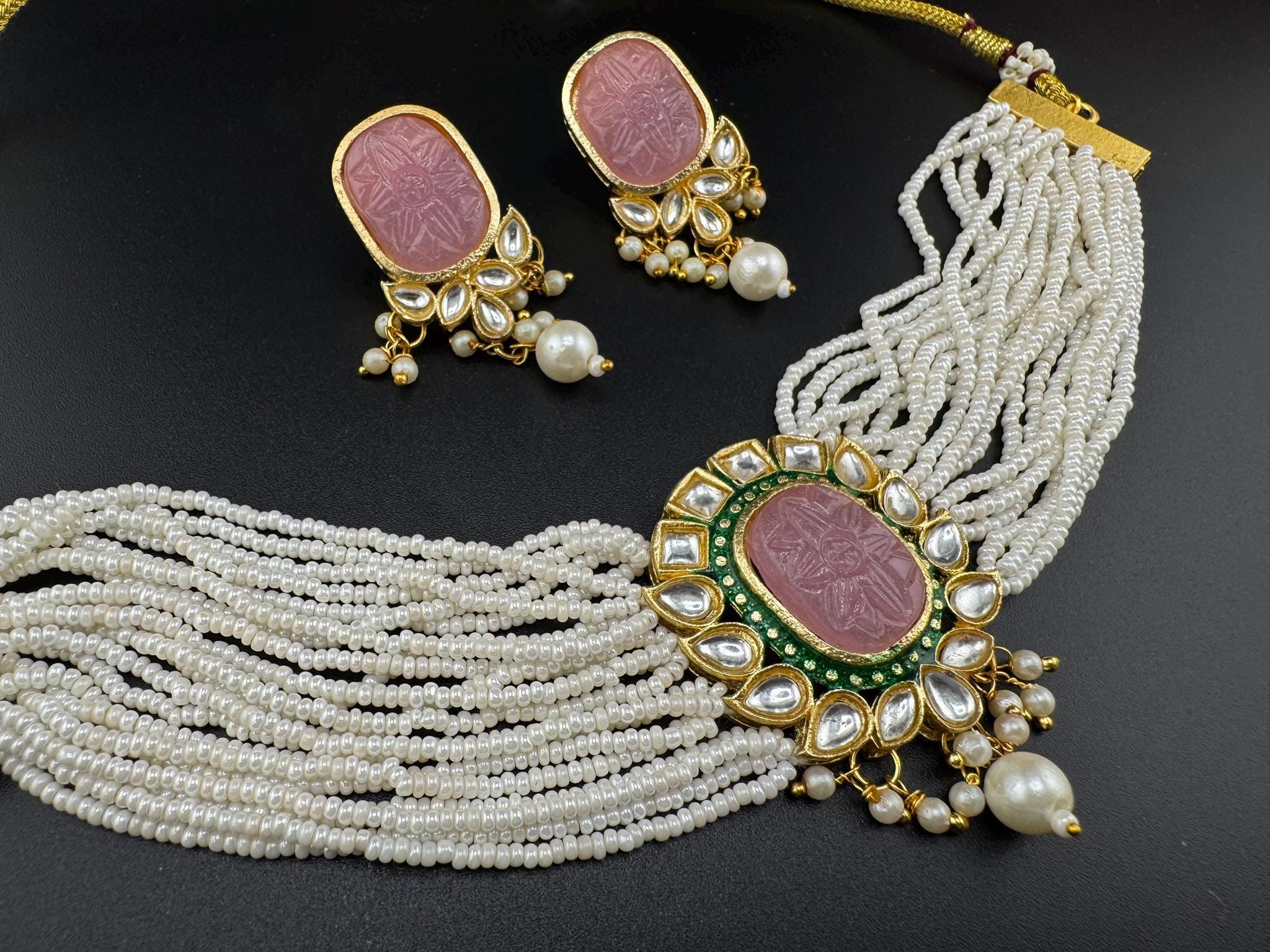 Carved stone and Kundan in small pearls mala Choker Necklace set with studs earrings