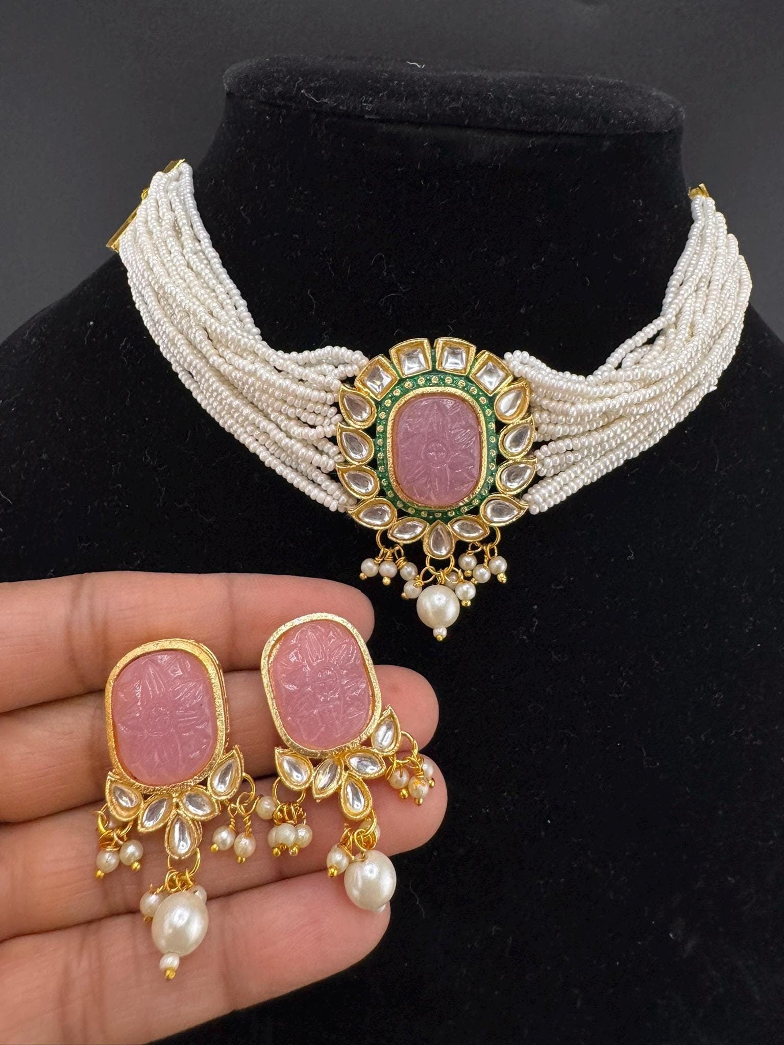 Carved stone and Kundan in small pearls mala Choker Necklace set with studs earrings