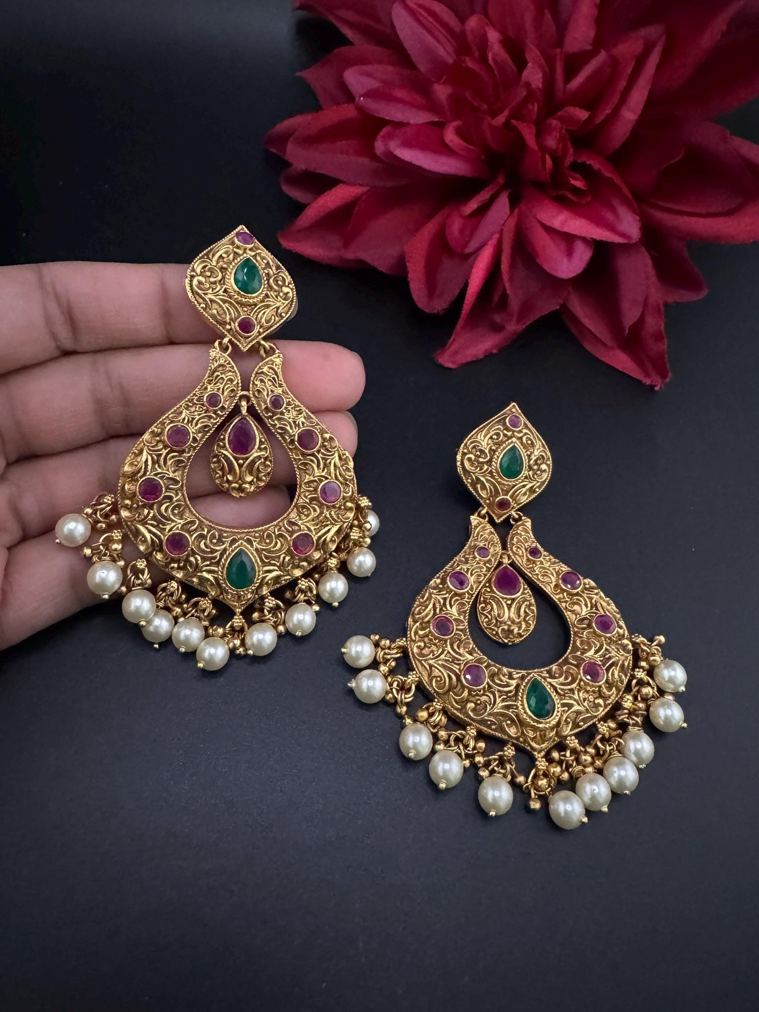 Amrapali inspired Premium Ruby and Green Pachi kundan Chand Bali in Matt Gold and Pearls designer Chandelier