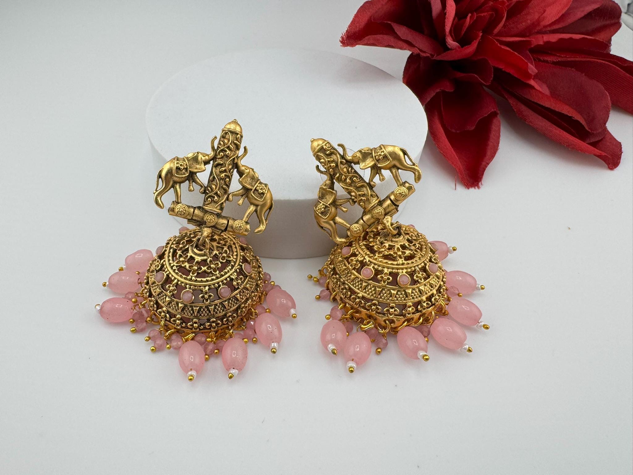 Amrapali inspired Premium Pink stones and pearls jhumka, Matt Gold designer earrings
