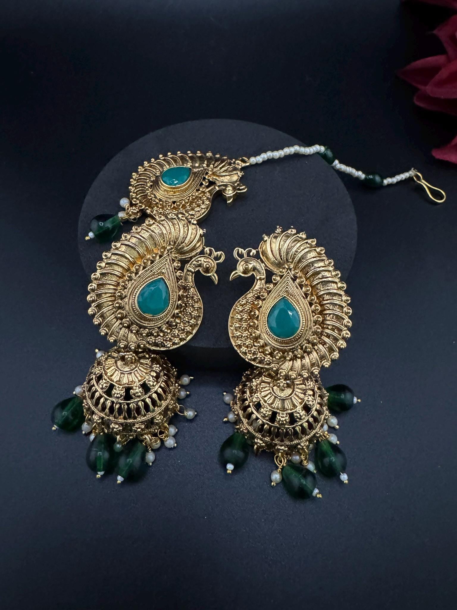 Amrapali inspired Premium Green stones and pearls jhumka, Matt Gold designer earrings