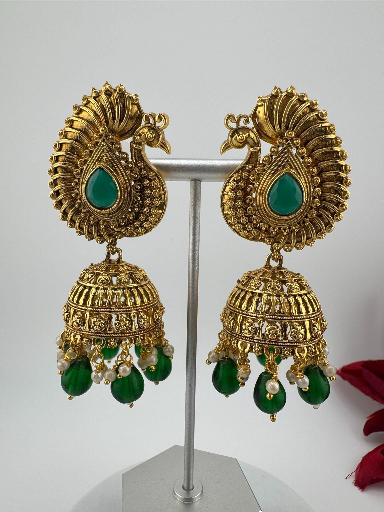 Amrapali inspired Premium Green stones and pearls jhumka, Matt Gold designer earrings
