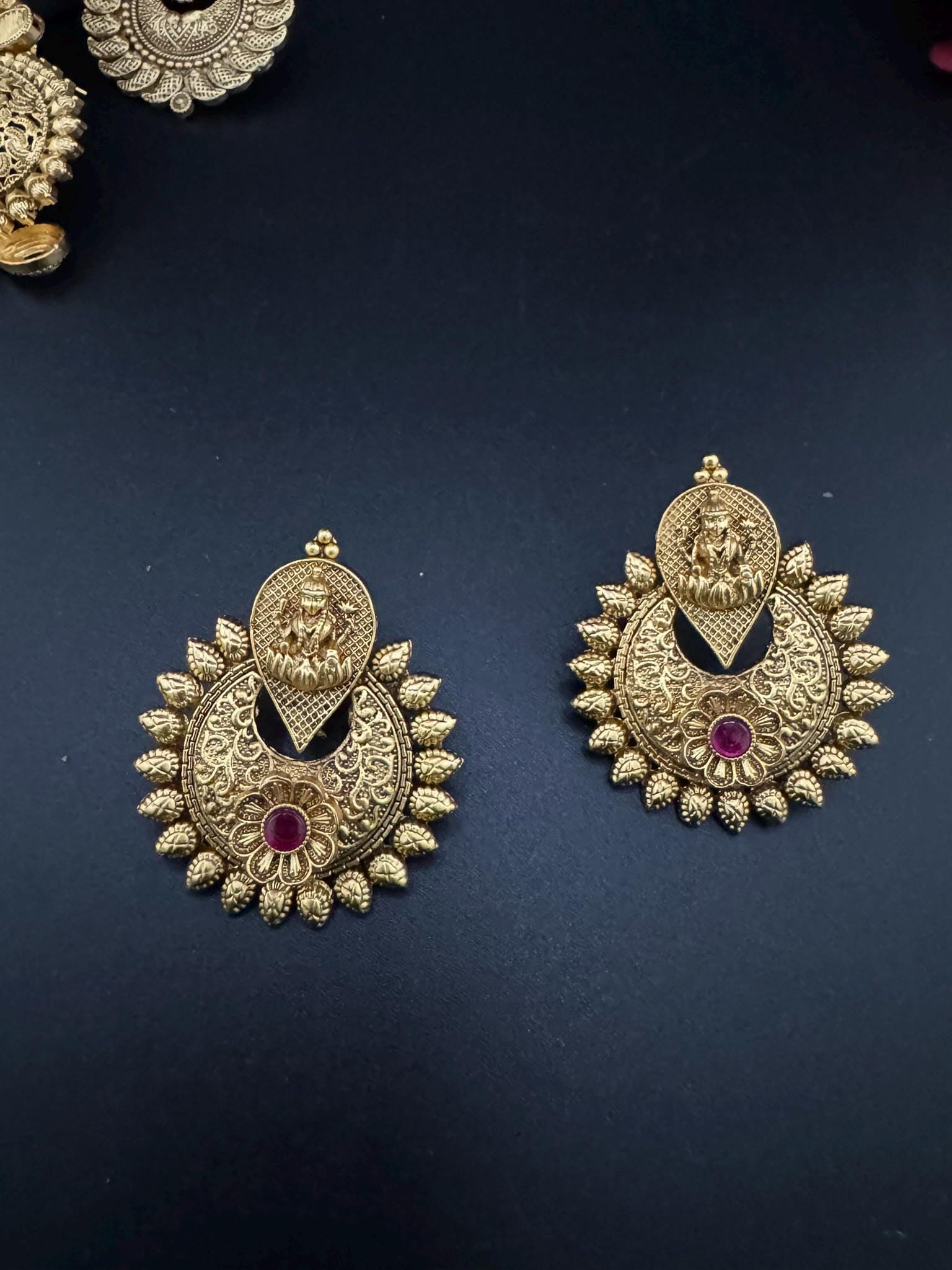Premium Ruby and Pachi kundan Chand Bali in Matt Gold and Pearls is Amrapali inspired designer earrings