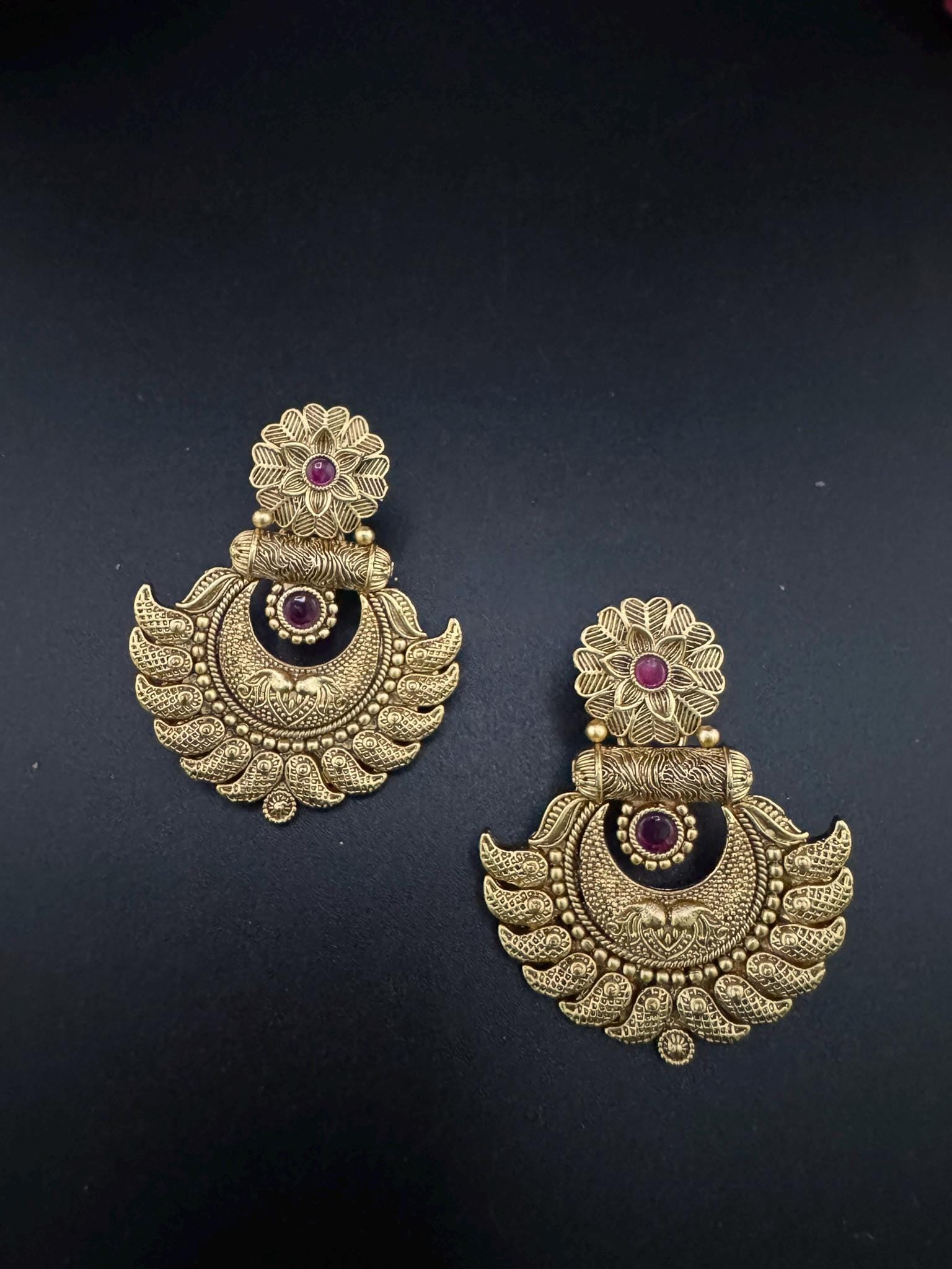 Premium Ruby and Pachi kundan Chand Bali in Matt Gold and Pearls is Amrapali inspired designer earrings