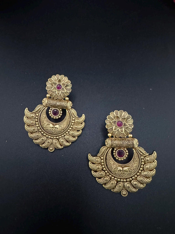 Premium Ruby and Pachi kundan Chand Bali in Matt Gold and Pearls is Amrapali inspired designer earrings