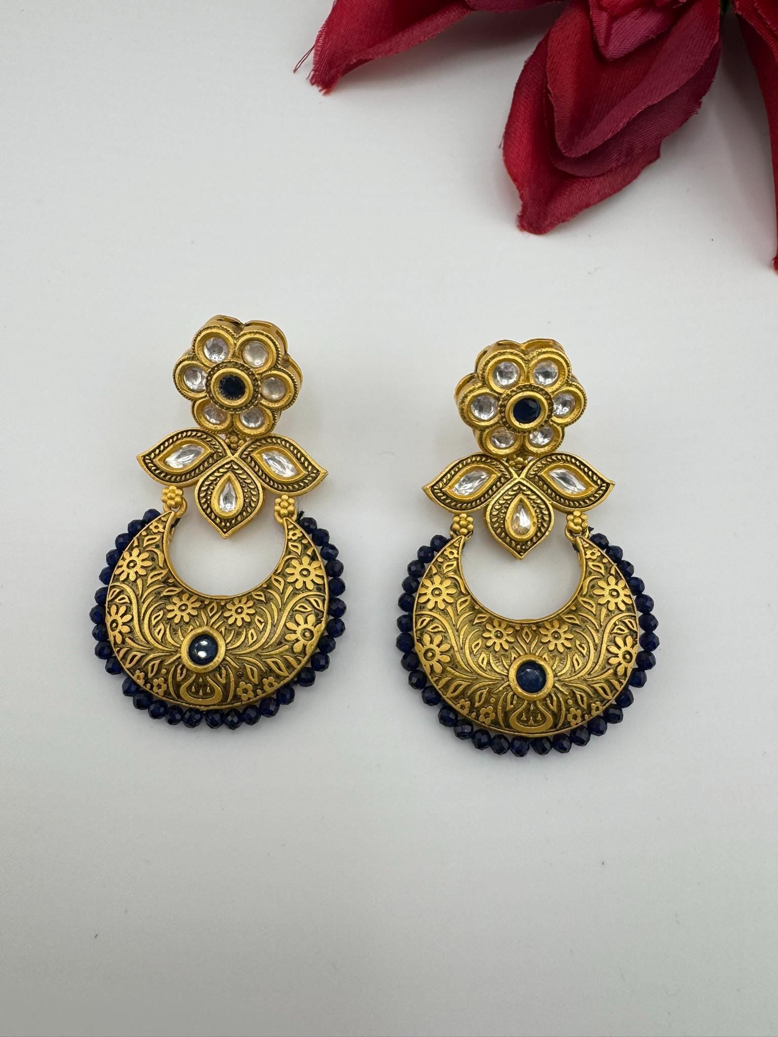 Premium kundan and Blue onyx beads Chand Bali in Matt Gold Amrapali inspired designer earrings
