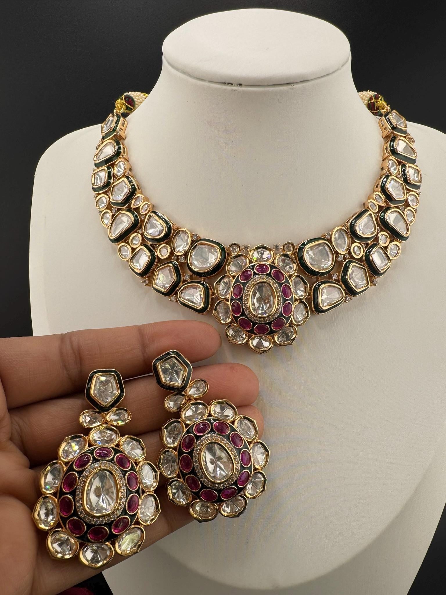 Bridal Premium Quality Moissanite Kundan, Italian Minakari, CZ, Stones Tyaani Inspired Necklace set with earrings