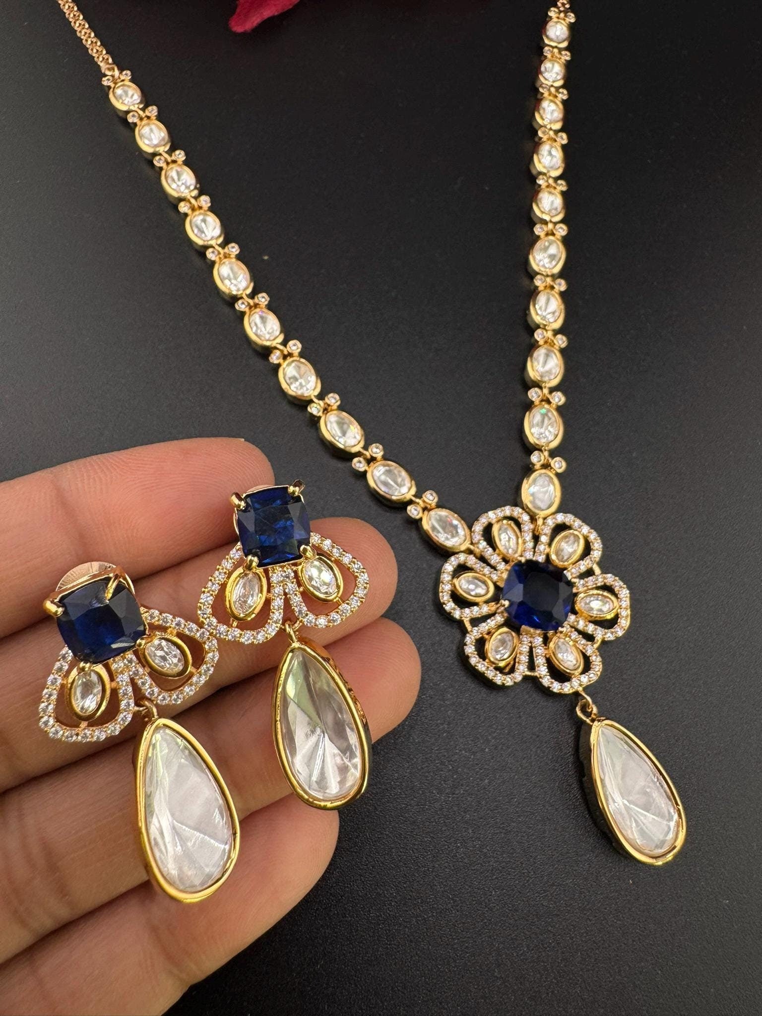 Premium Quality Moissanite Kundan, CZ,blue stone is Tyaani inspired Designer Necklace set with Kundan earrings