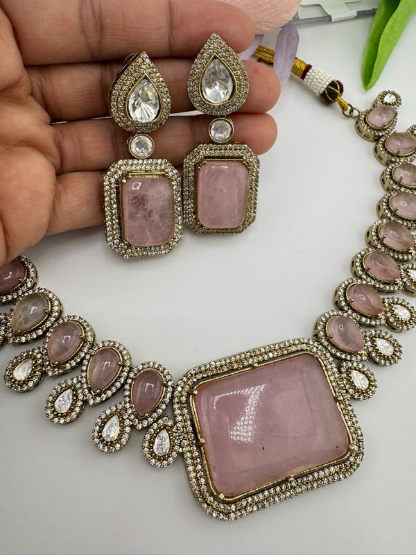 Baby Pink PremiumDoublet stone and Moissanite Uncut Kundan Designer necklace set