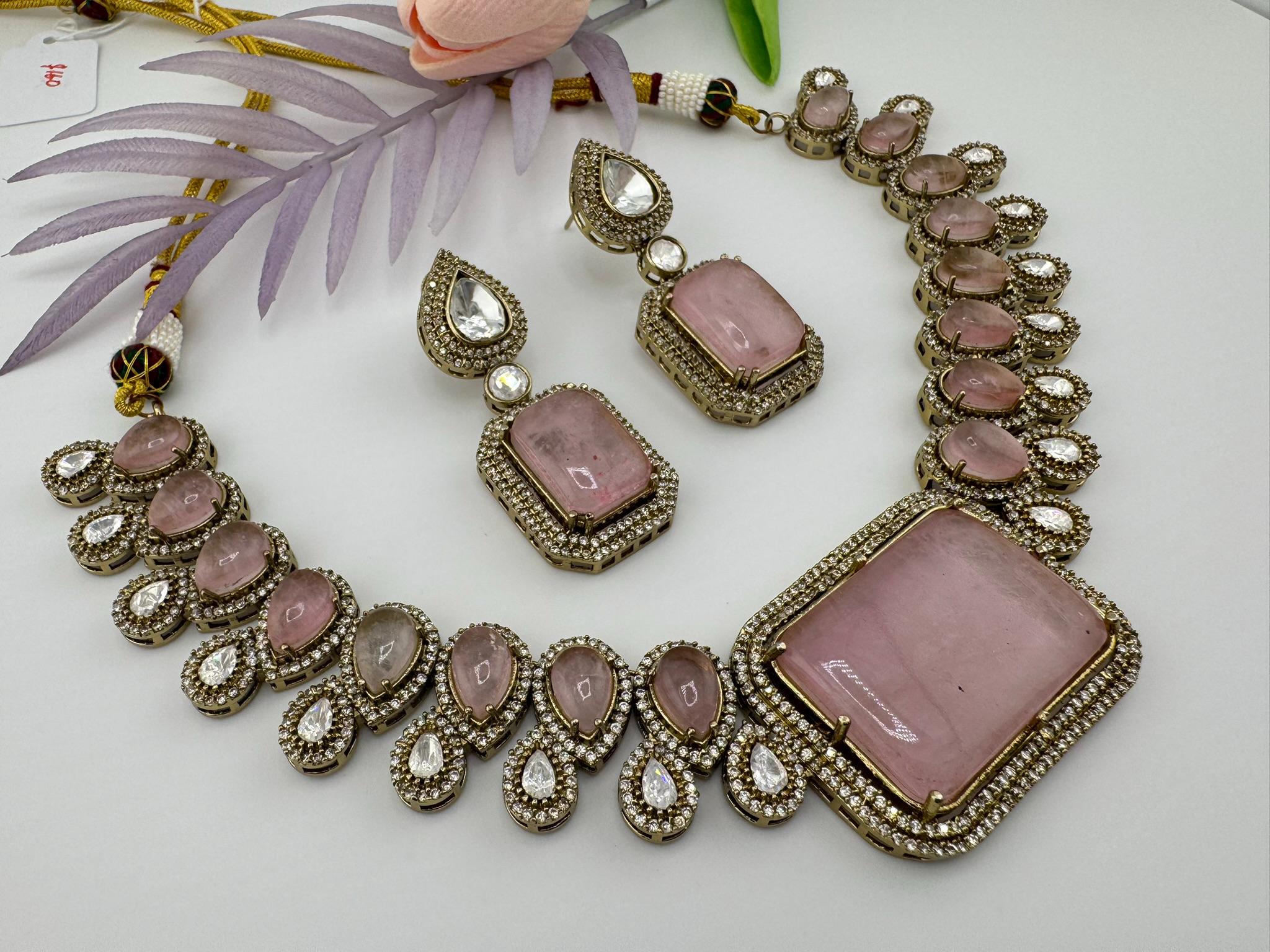 Baby Pink Premium Doublet stone and Moissanite Uncut Kundan Designer necklace set