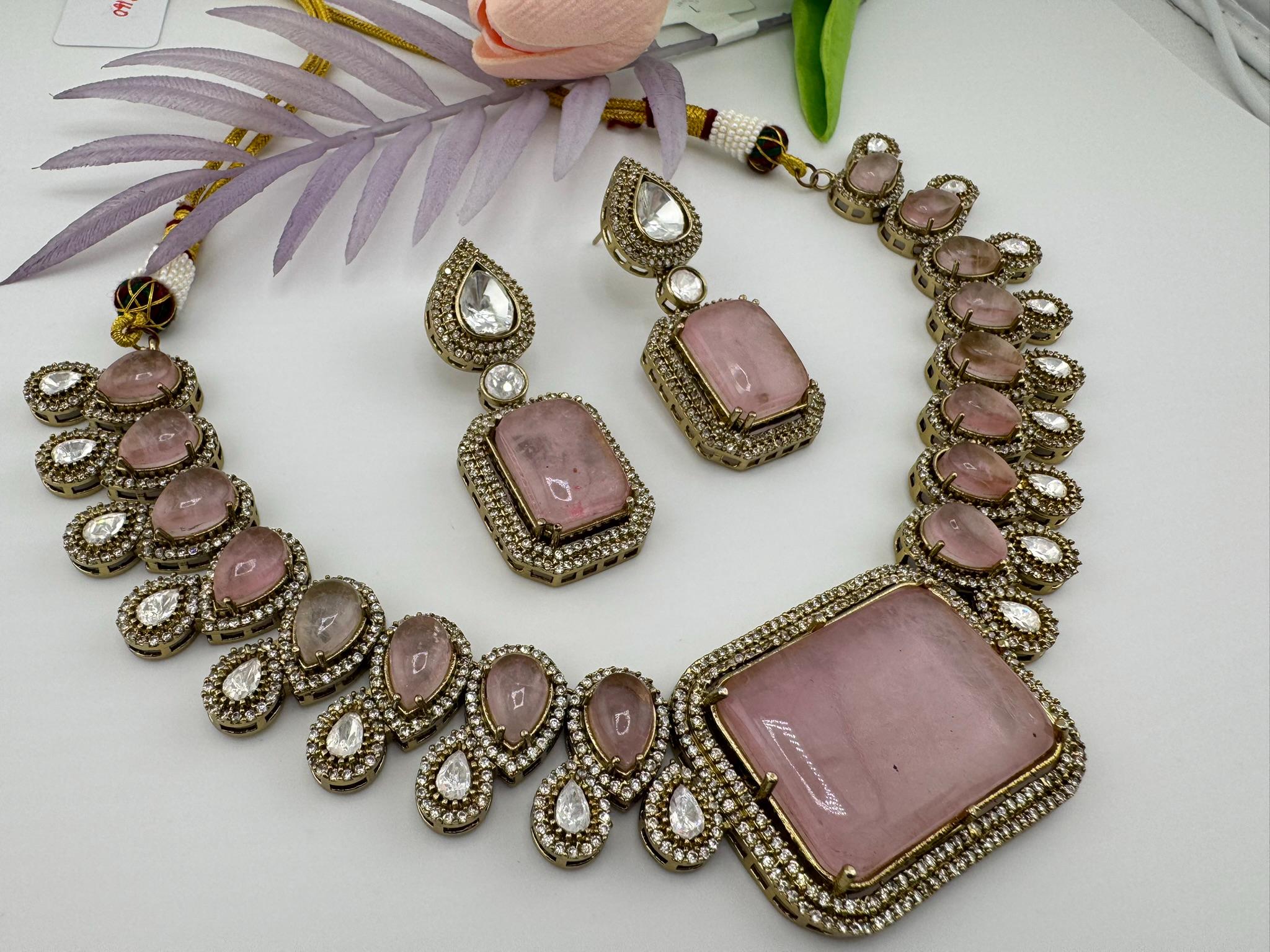 Baby Pink Premium Doublet stone and Moissanite Uncut Kundan Designer necklace set