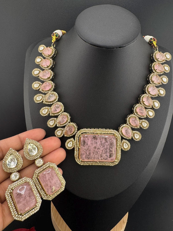 Baby Pink PremiumDoublet stone and Moissanite Uncut Kundan Designer necklace set