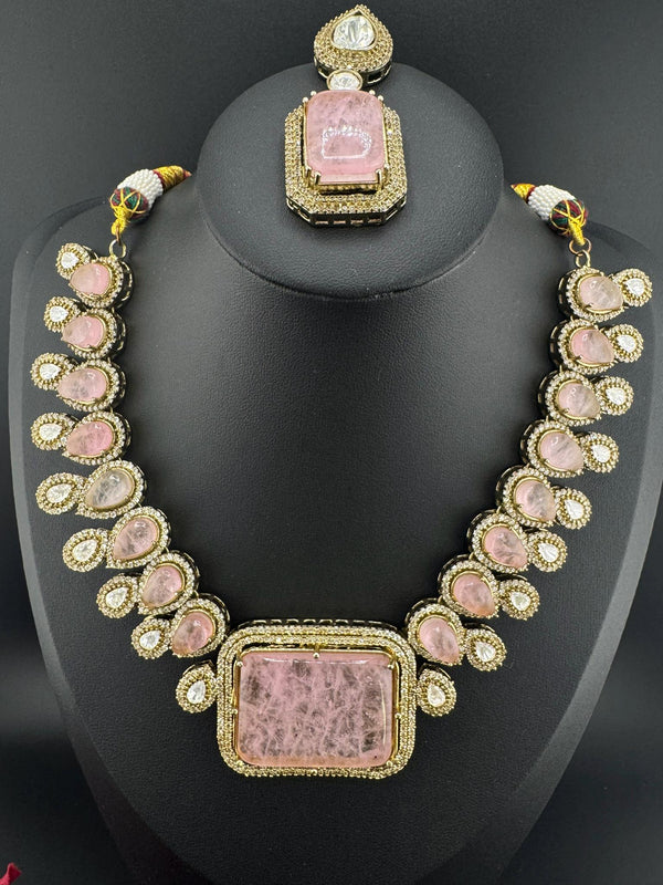 Baby Pink PremiumDoublet stone and Moissanite Uncut Kundan Designer necklace set