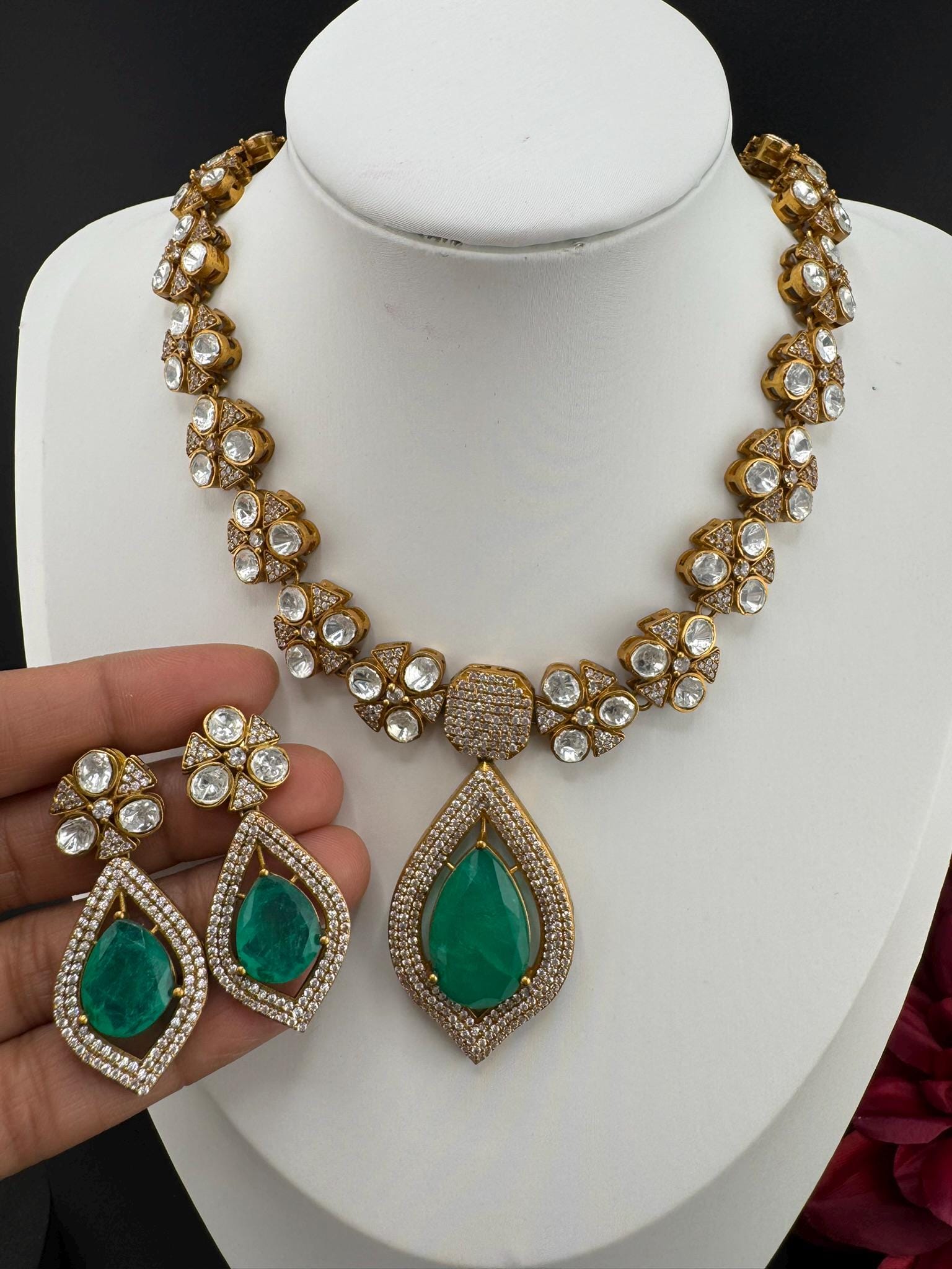 Polki Premium Moissanite Kundan, CZ, Turquoise Doublet Stone Long Necklace set with earrings