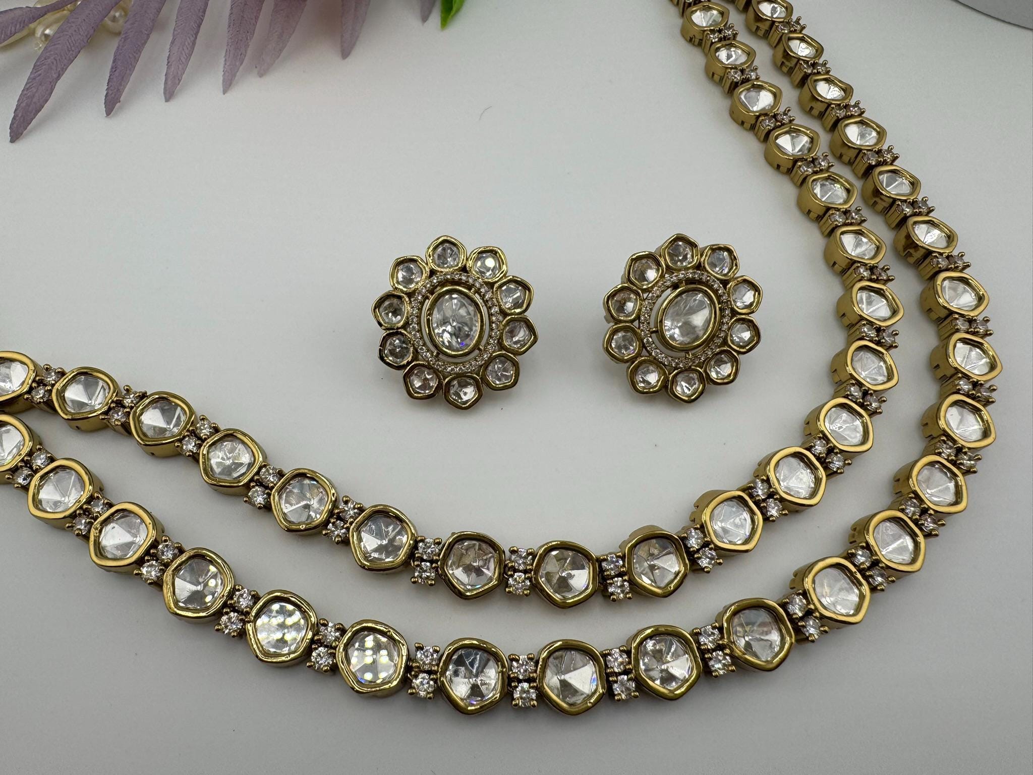 HOT SELLER!!! Premium Quality Moissanite Kundan 2 Layer set is Tyaani inspired Designer Necklace set with Stud earrings