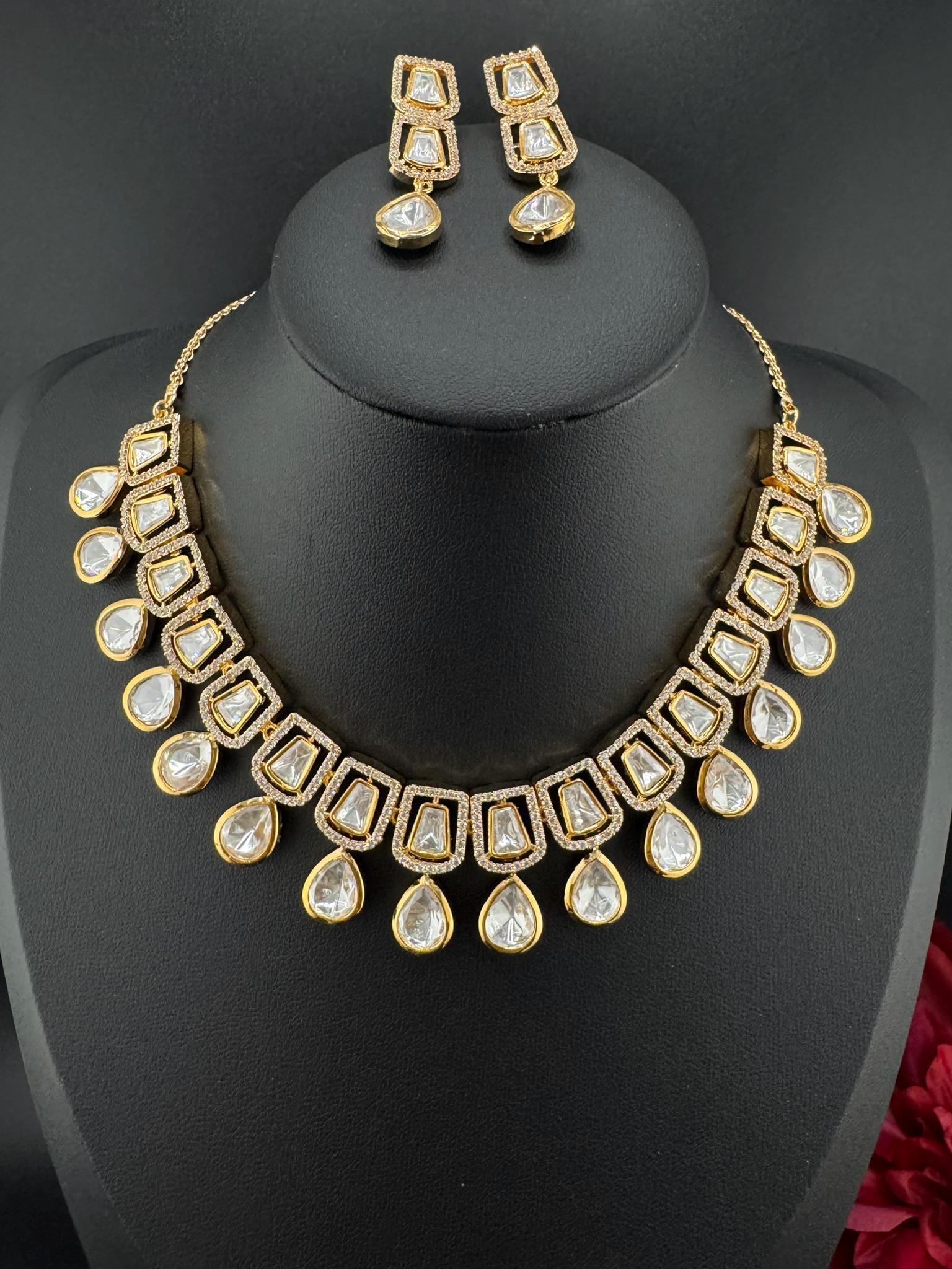 Premium Quality Moissanite Uncut Kundan & CZ is Tyaani Inspired Designer Necklace set with earrings