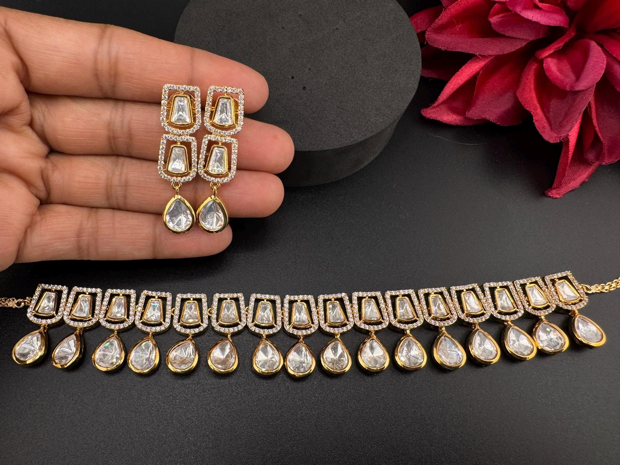 Premium Quality Moissanite Uncut Kundan & CZ is Tyaani Inspired Designer Necklace set with earrings