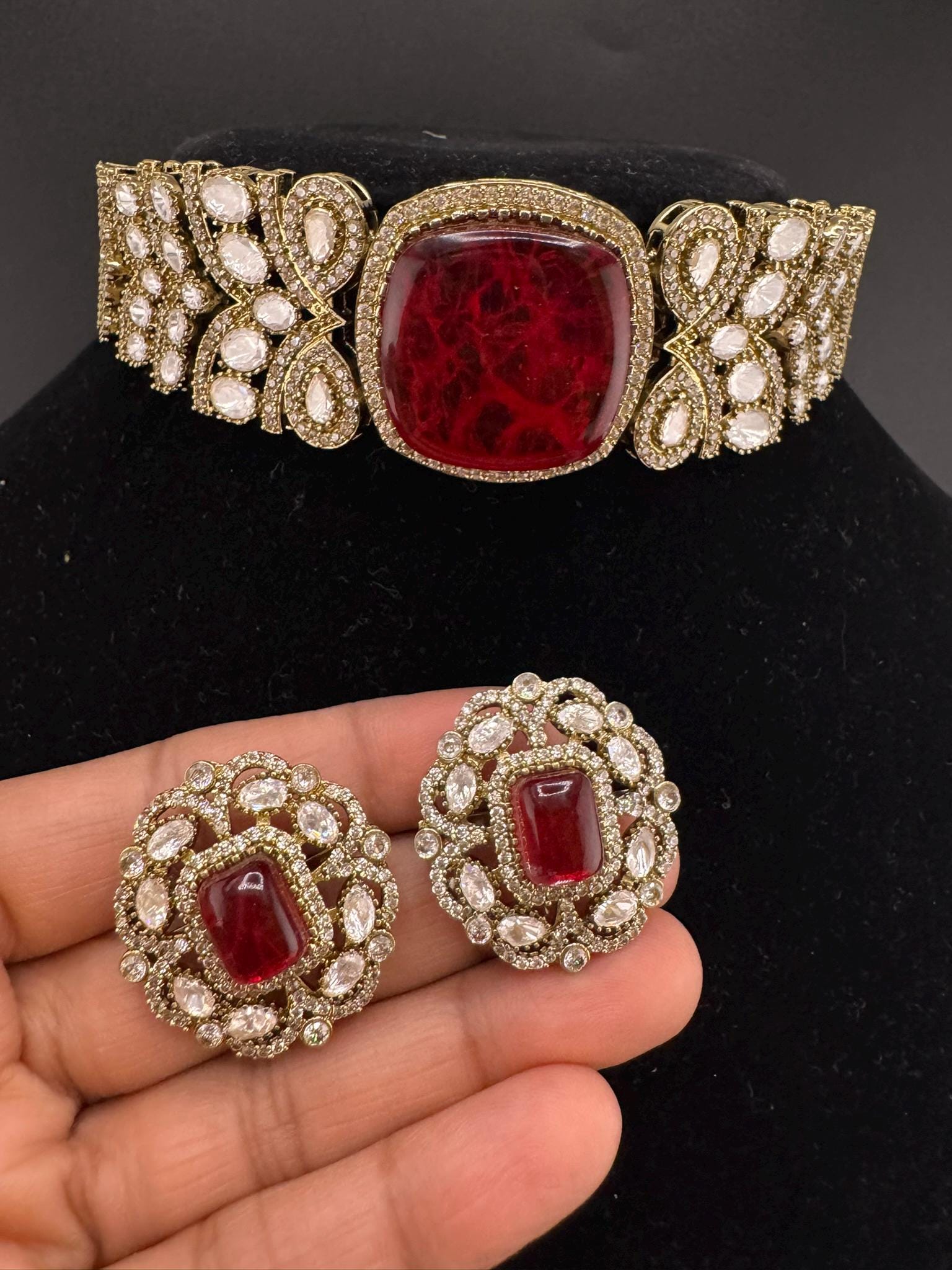 Dark Red Premium Quality Moissanite Kundan, CZ, Doublet stones is Designer Choker necklace set with Big Stud earrings