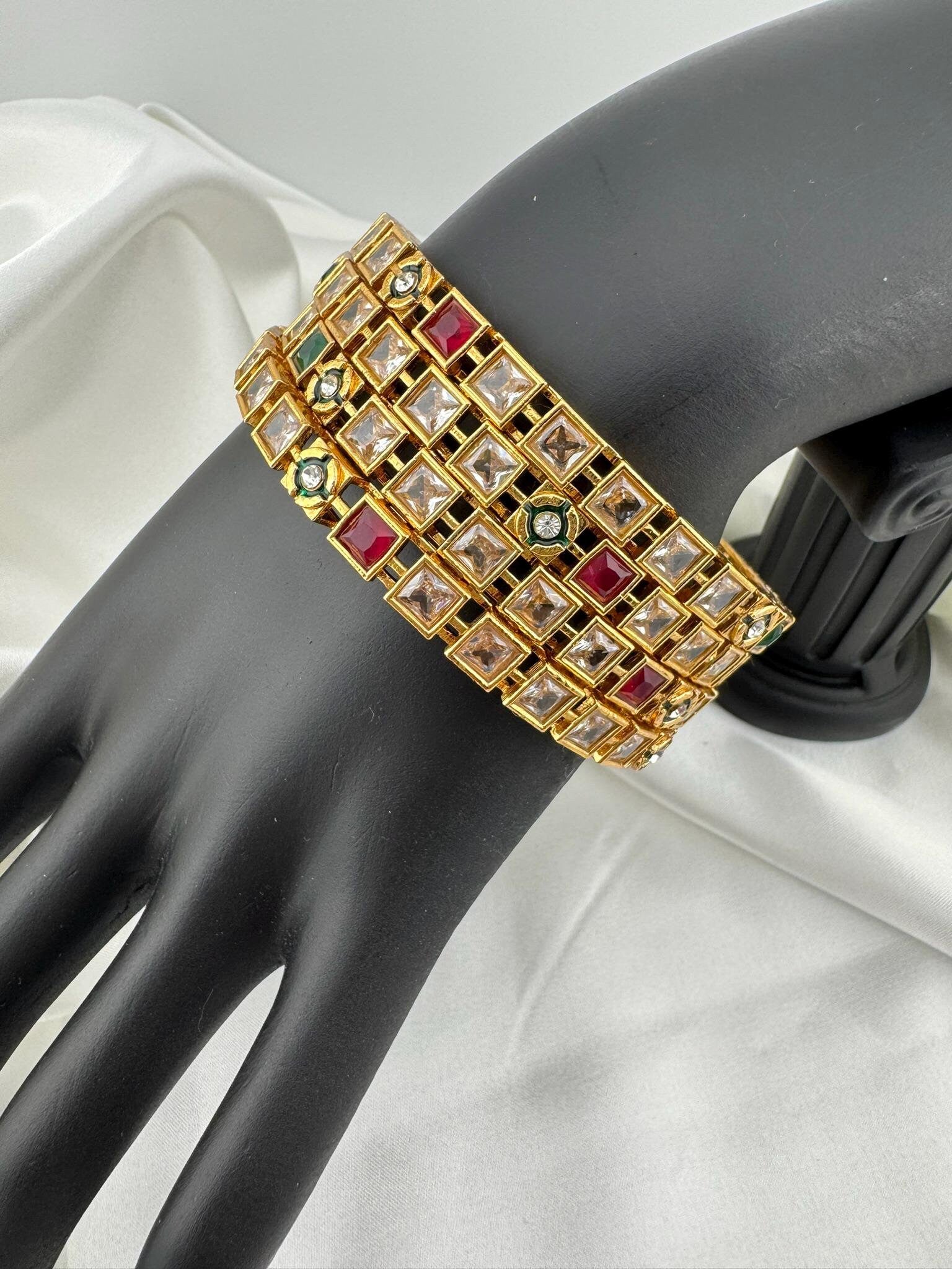 Set of 4 Matt Gold and multicolor stones in Amrapali inspired bangles set