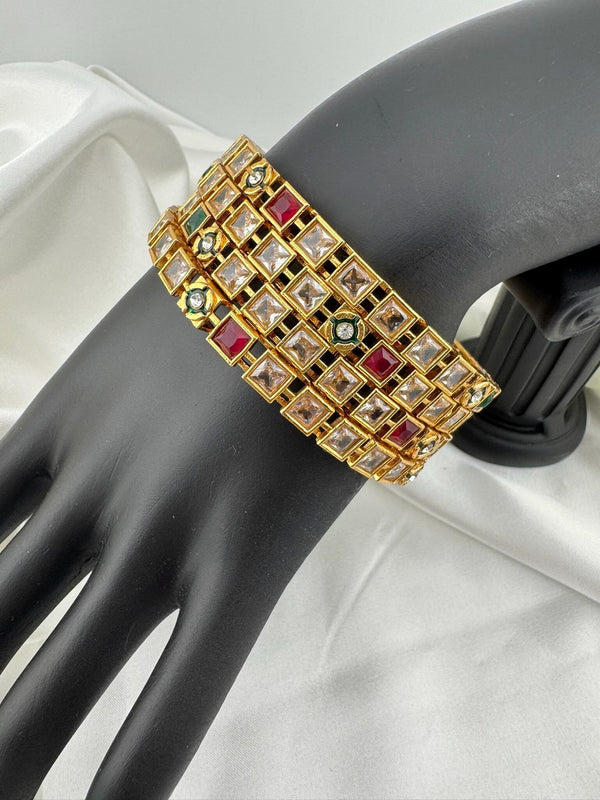 Set of 4 Matt Gold and multicolor stones in Amrapali inspired bangles set