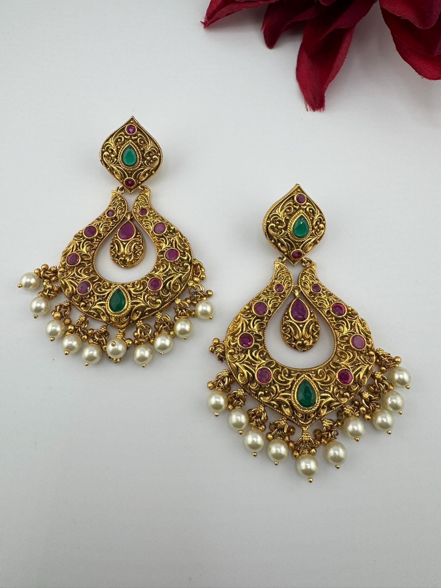 Amrapali inspired Premium Ruby and Green Pachi kundan Chand Bali in Matt Gold and Pearls designer Chandelier