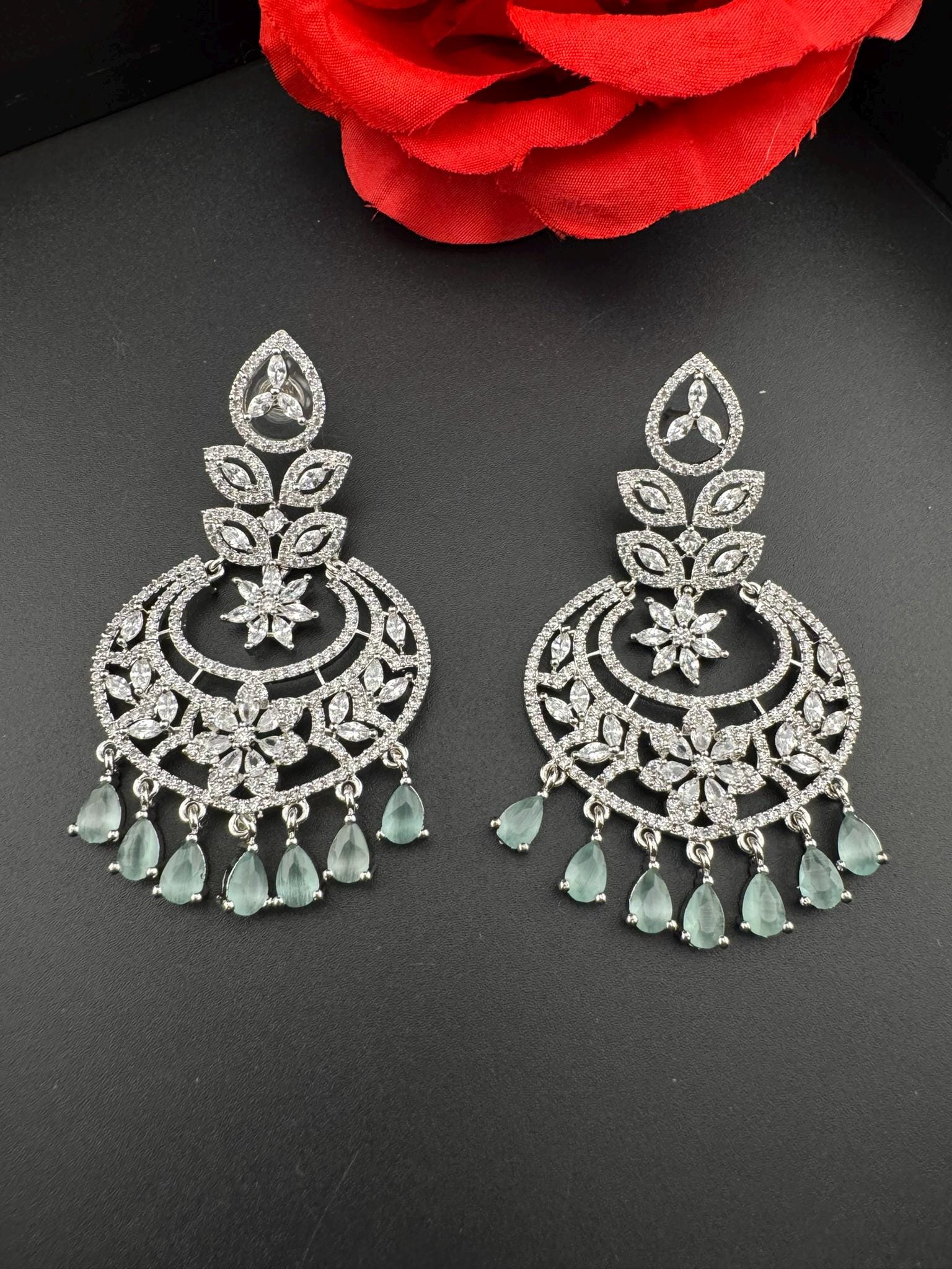 Premium Cubic Zirconia Chandelier chandbali earrings in Crystal stones in silver polish, Long earrings