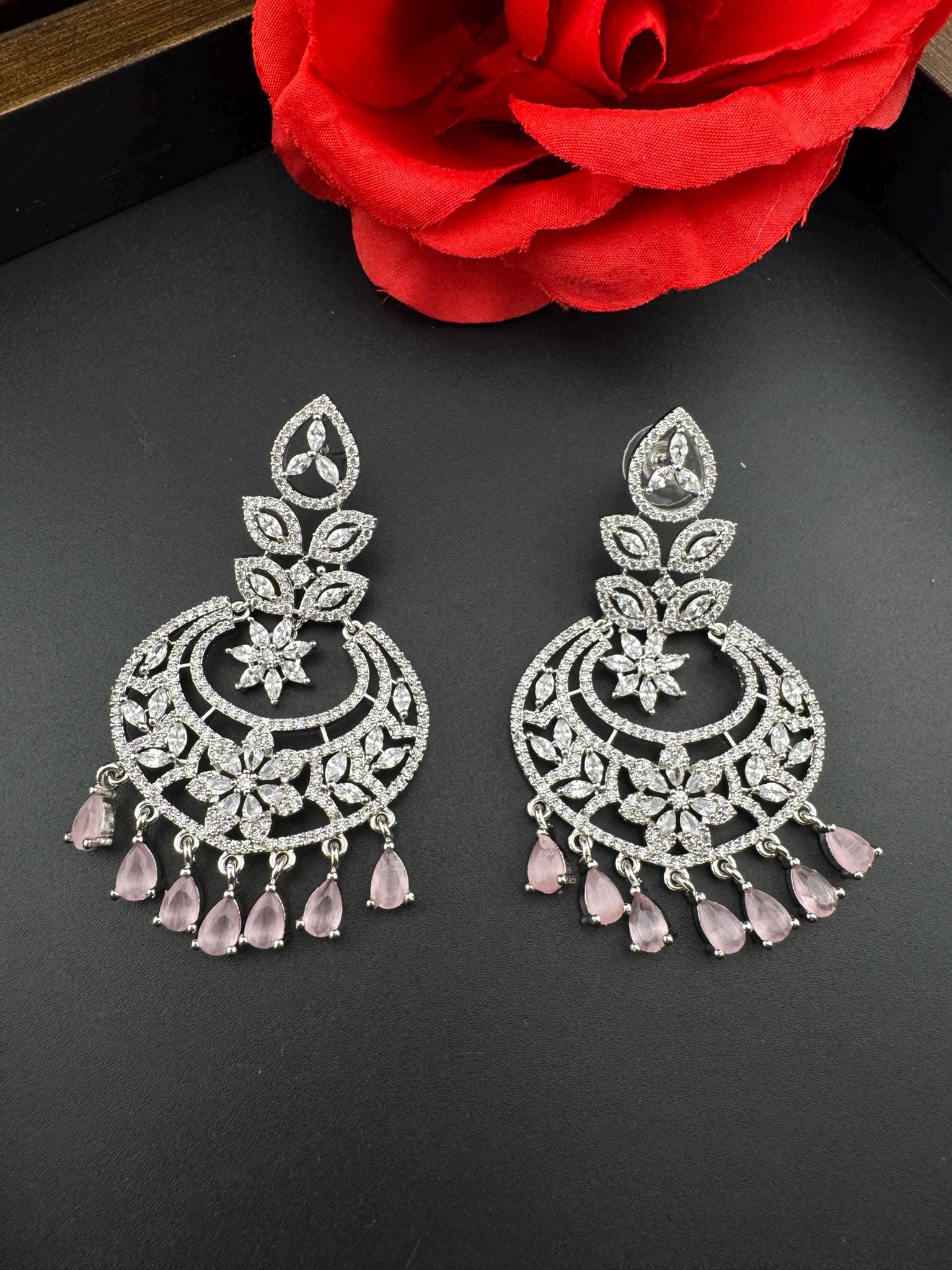 Premium Cubic Zirconia Chandelier chandbali earrings in Crystal stones in silver polish, Long earrings
