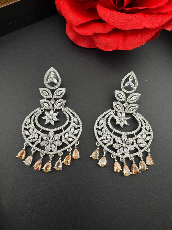 Premium Cubic Zirconia Chandelier chandbali earrings in Crystal stones in silver polish, Long earrings