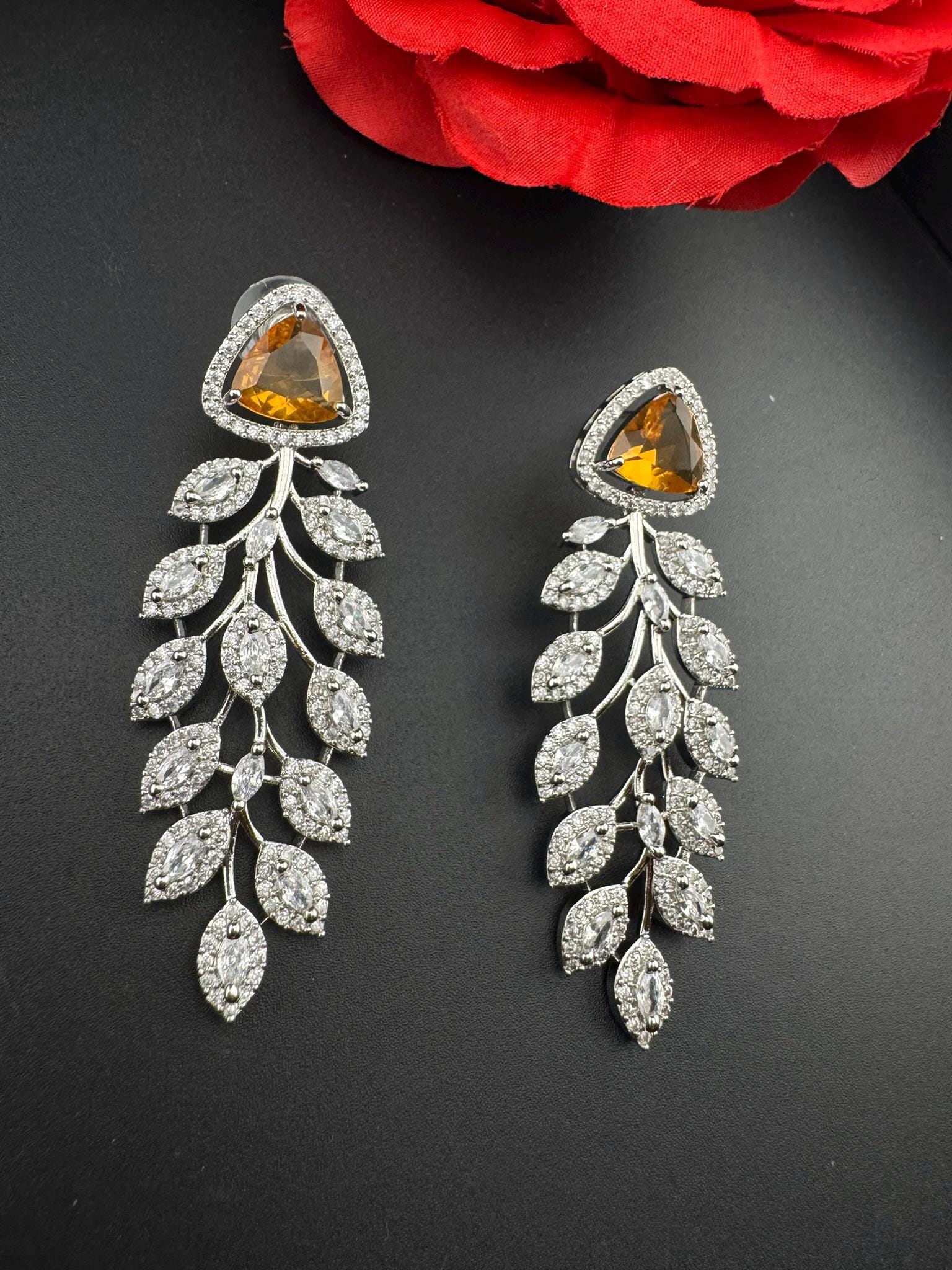Leaf style Premium Cubic Zirconia, Crystal, Natural stone in silver color Long earrings