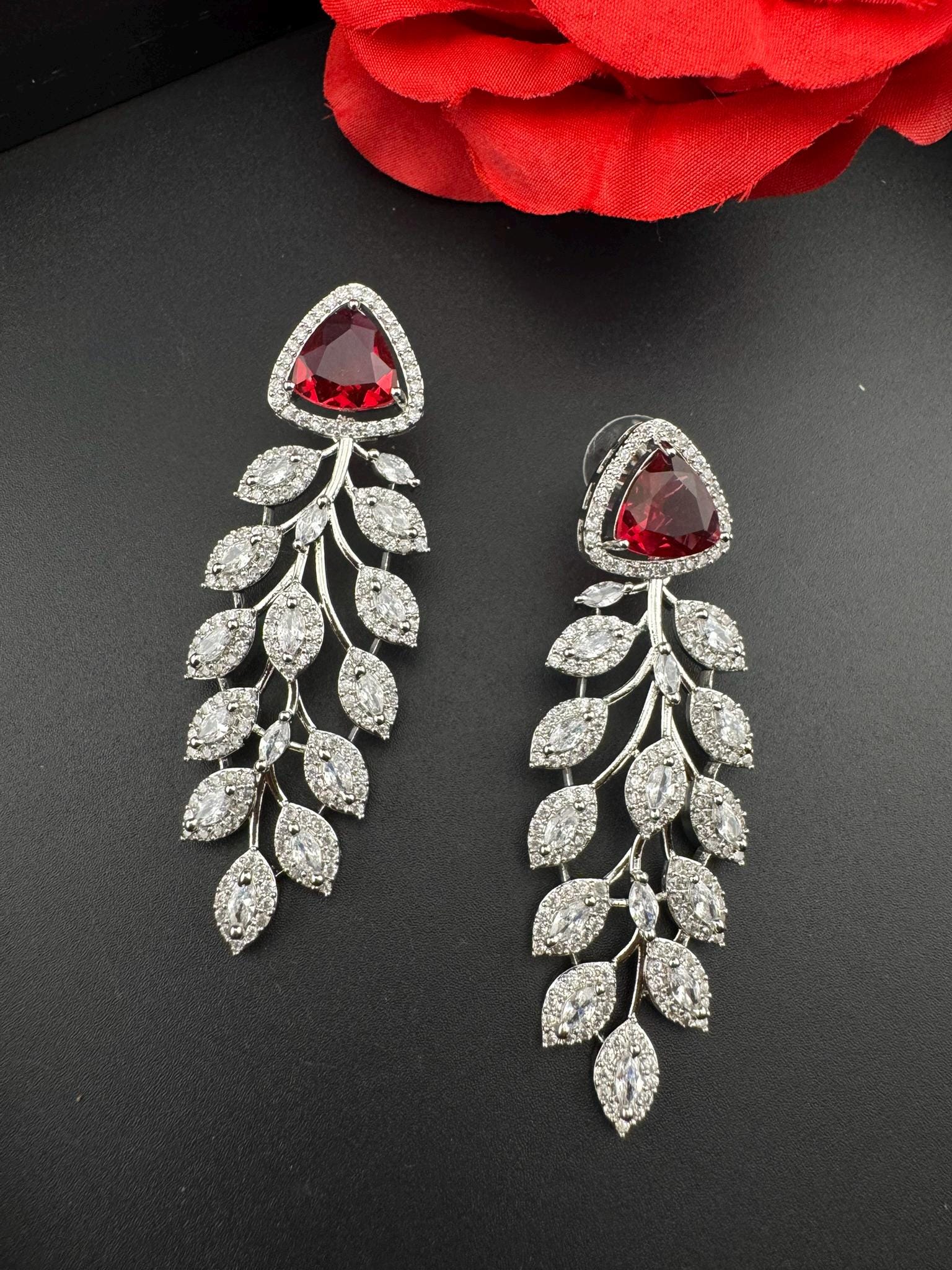 Leaf style Premium Cubic Zirconia, Crystal, Natural stone in silver color Long earrings