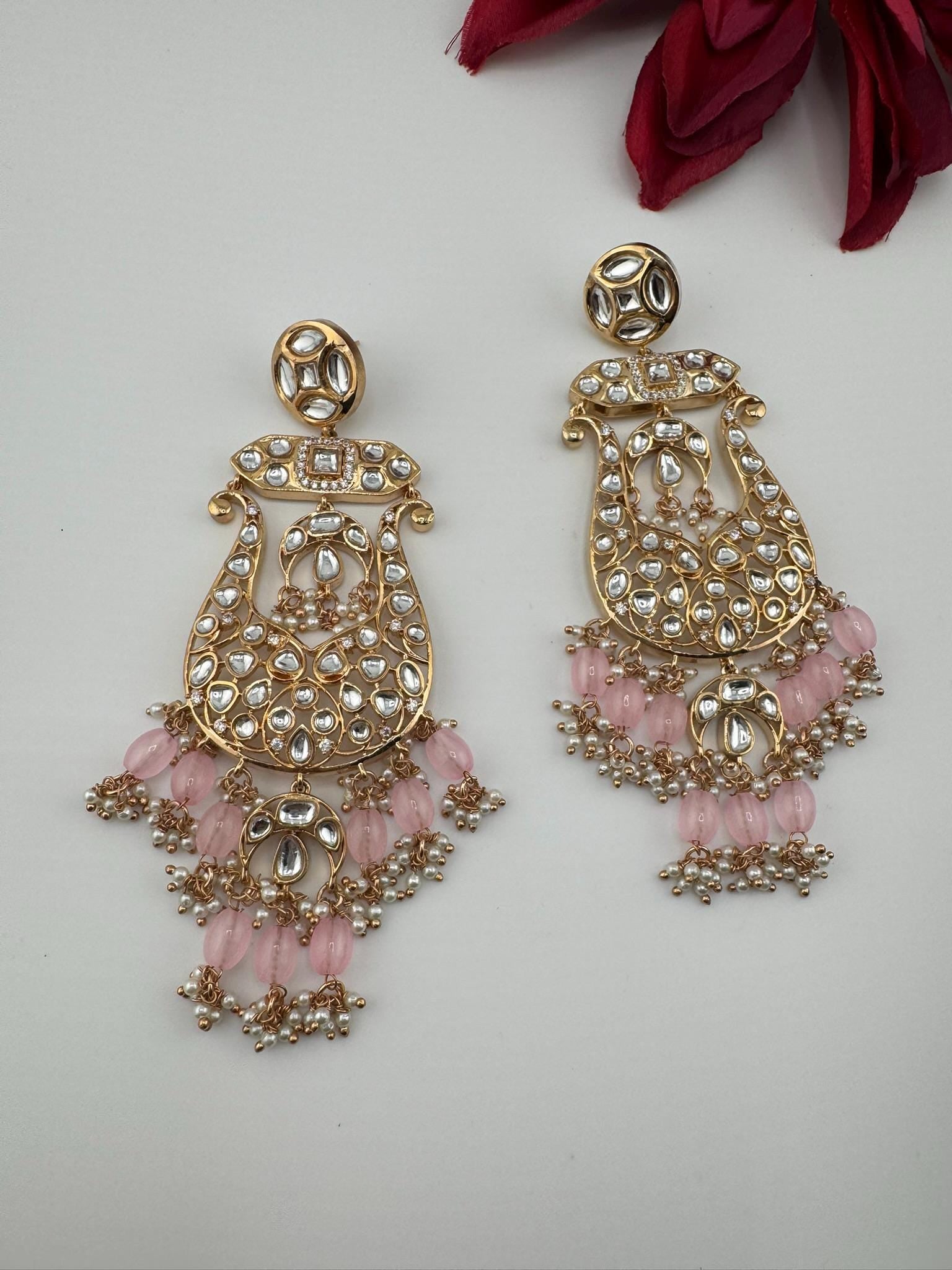 Tyaani inspired Premium Uncut Kundan, Pink Pearls, CZ designer earrings/Long Chandelier earrings