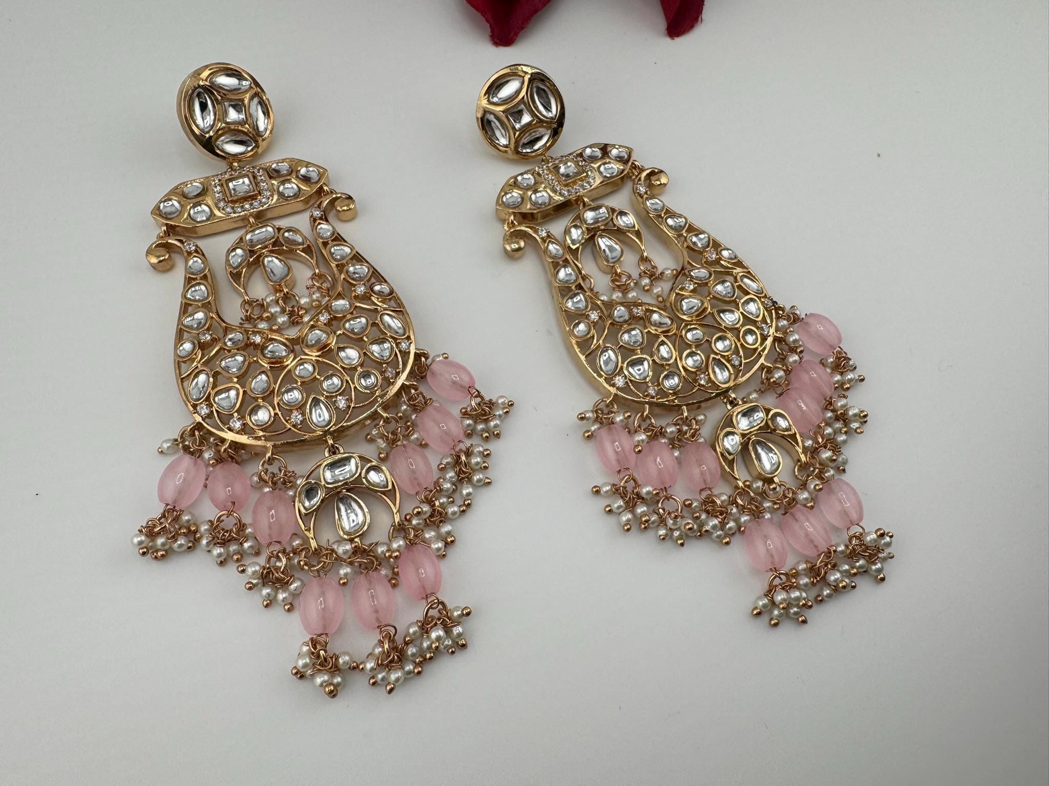 Tyaani inspired Premium Uncut Kundan, Pink Pearls, CZ  designer earrings/Long Chandelier earrings