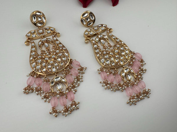 Tyaani inspired Premium Uncut Kundan, Pink Pearls, CZdesigner earrings/Long Chandelier earrings