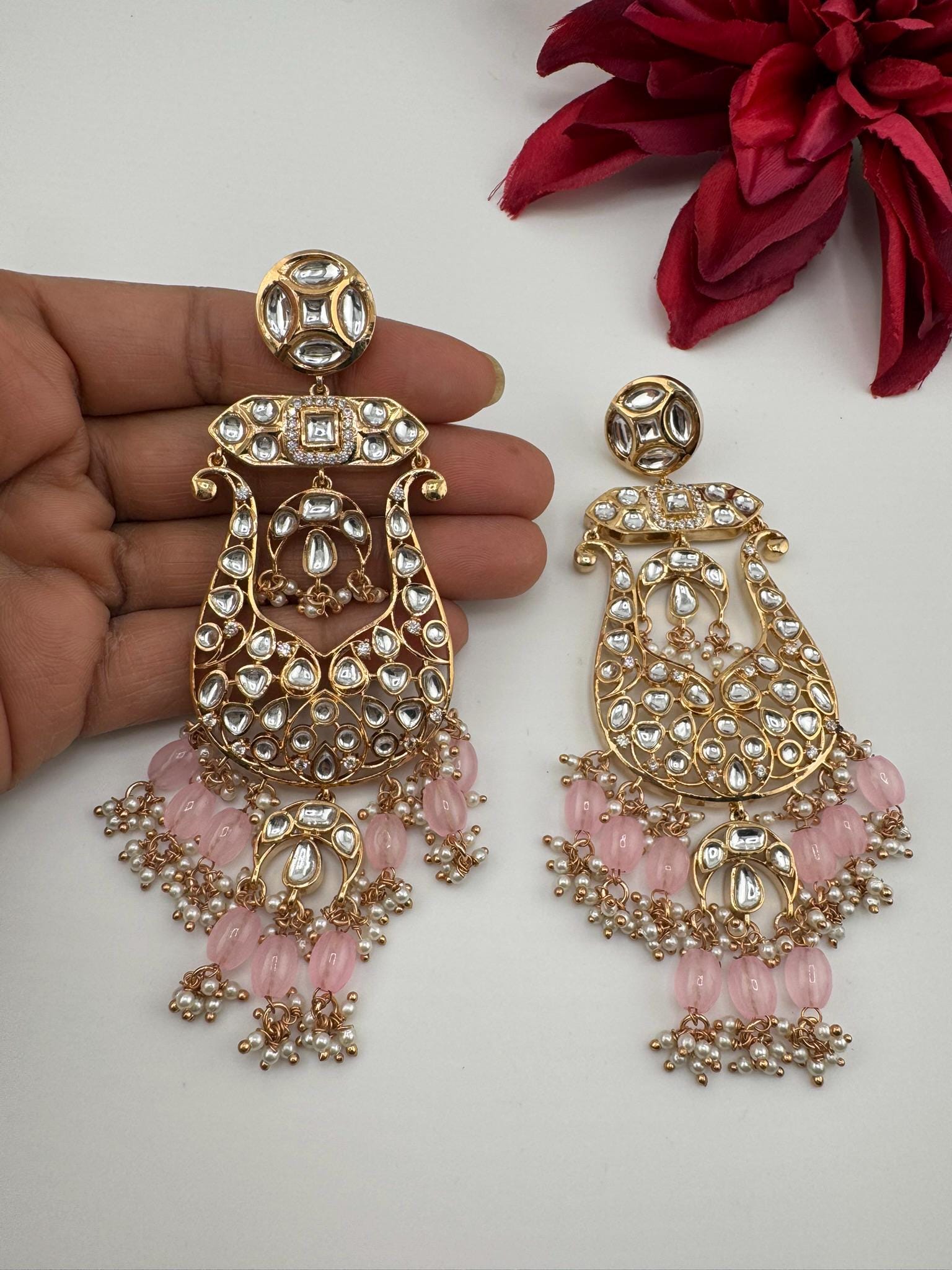 Tyaani inspired Premium Uncut Kundan, Pink Pearls, CZ designer earrings/Long Chandelier earrings
