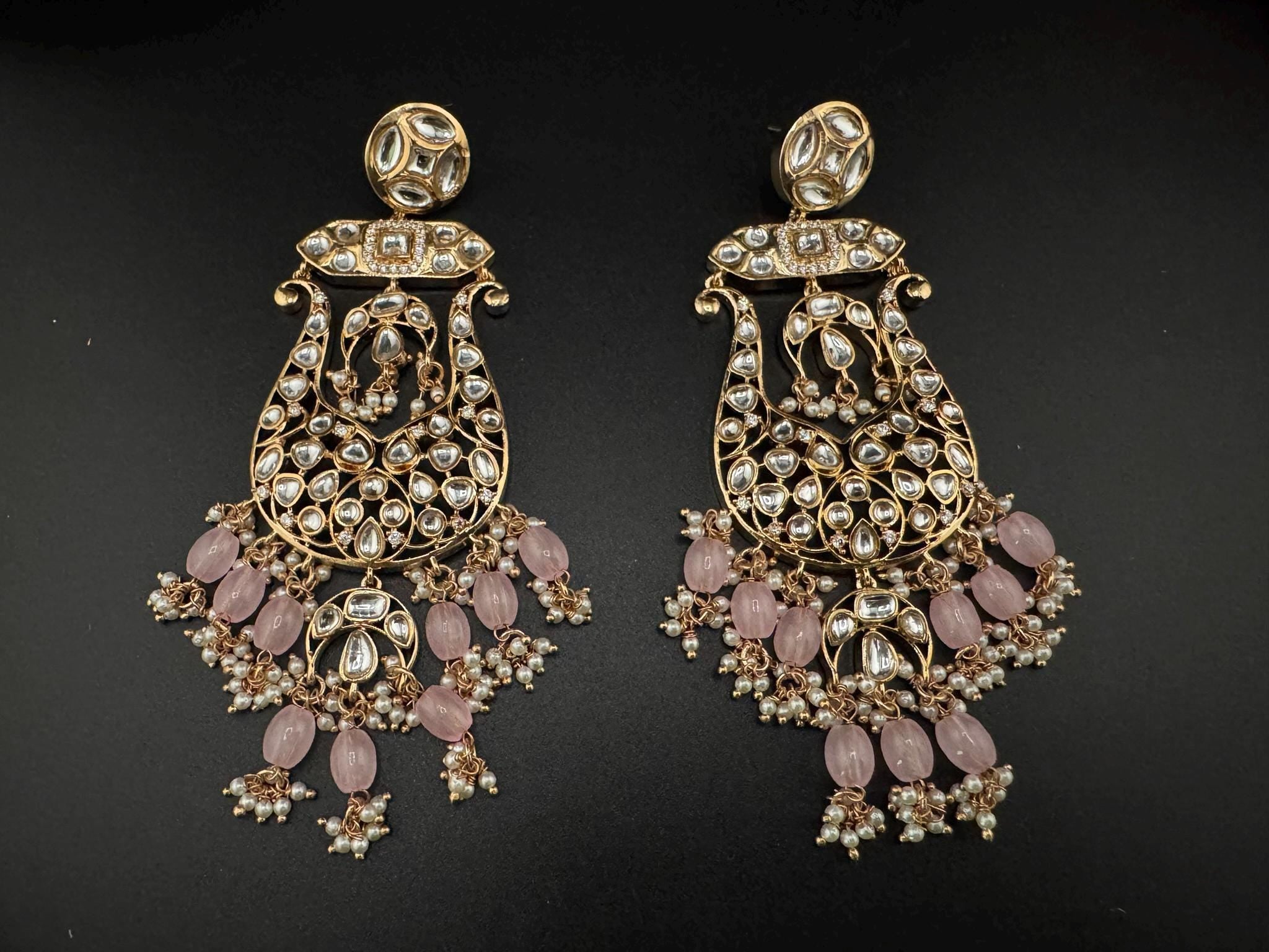 Tyaani inspired Premium Uncut Kundan, Pink Pearls, CZ  designer earrings/Long Chandelier earrings