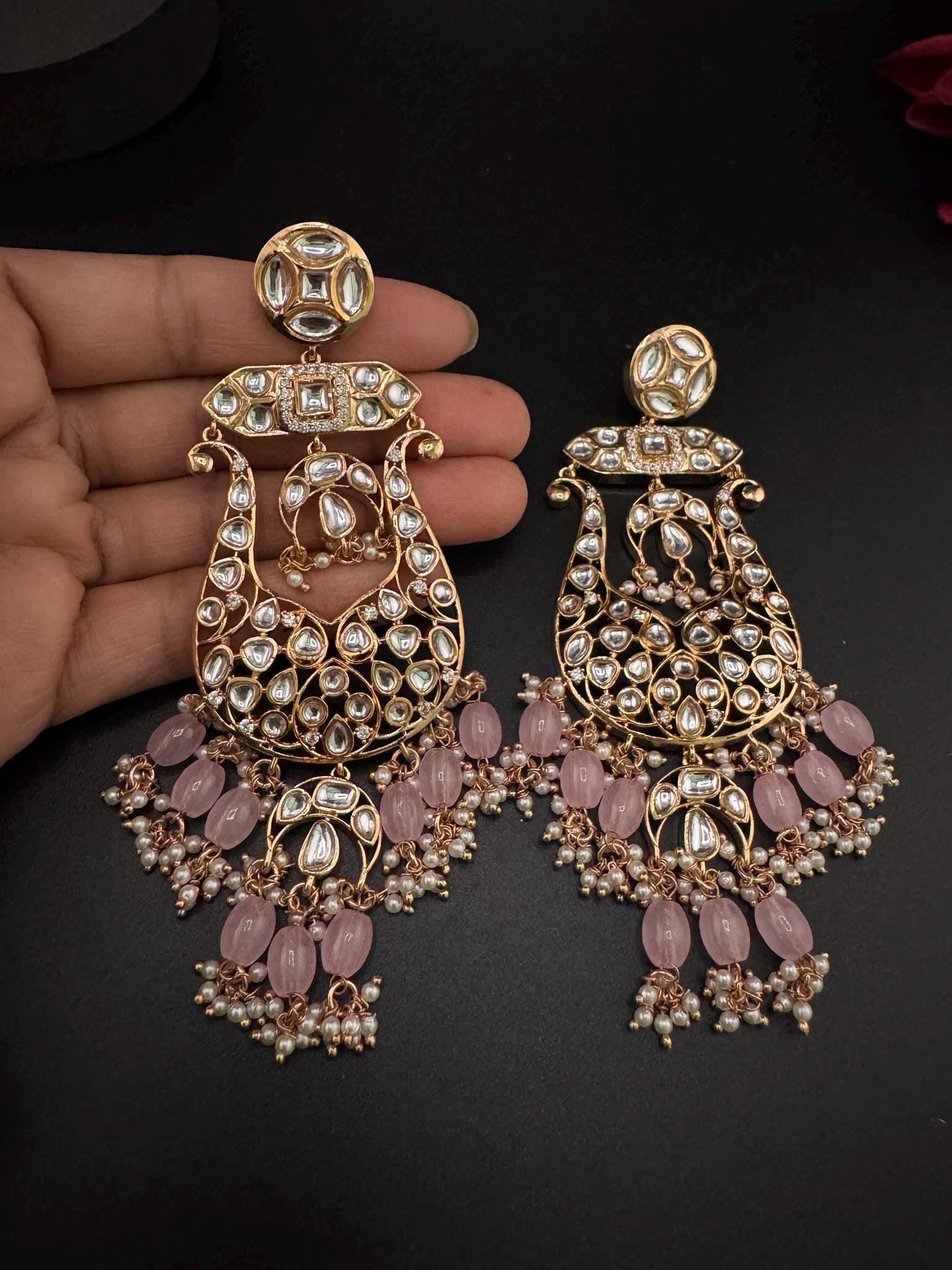 Tyaani inspired Premium Uncut Kundan, Pink Pearls, CZ designer earrings/Long Chandelier earrings