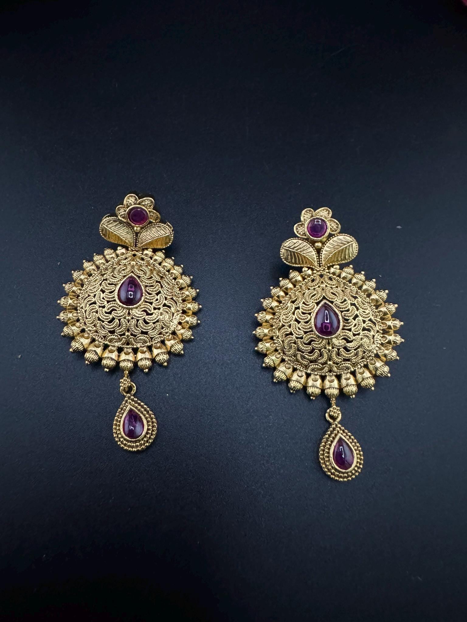Premium Ruby and Pachi kundan Chand Bali in Matt Gold and Pearls is Amrapali inspired designer earrings