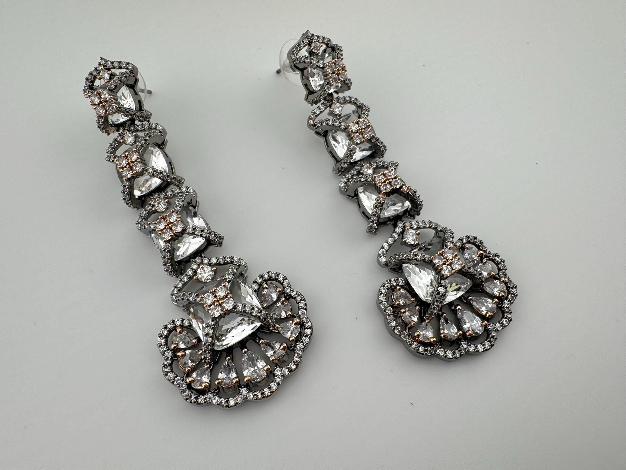 Premium Victorian Rose Gold Nano Setting Cubic Zirconia and Clear stones Long earrings