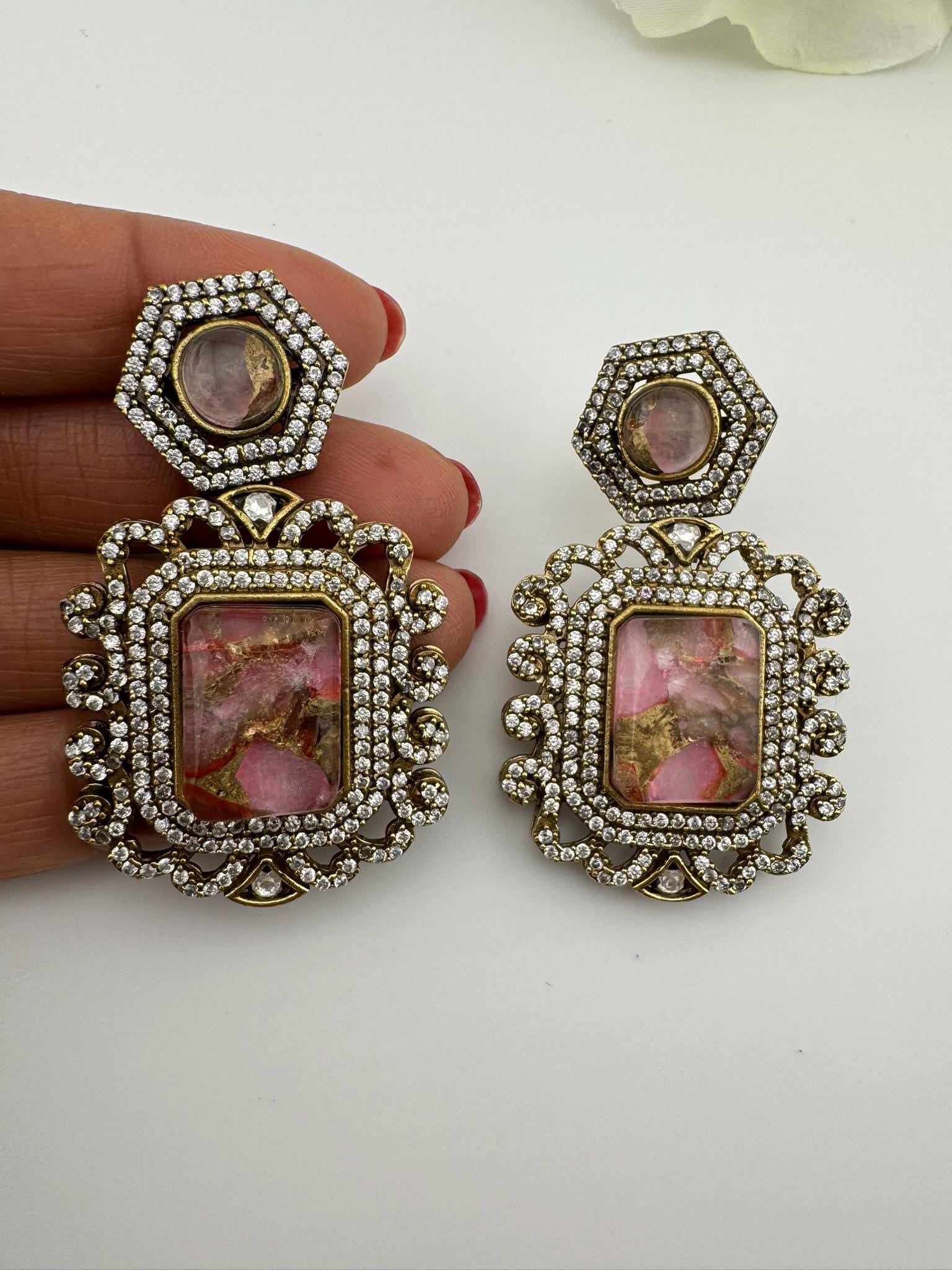 Premium Drop earrings with Marble Doublet stone and cubic zirconia, Gold polish