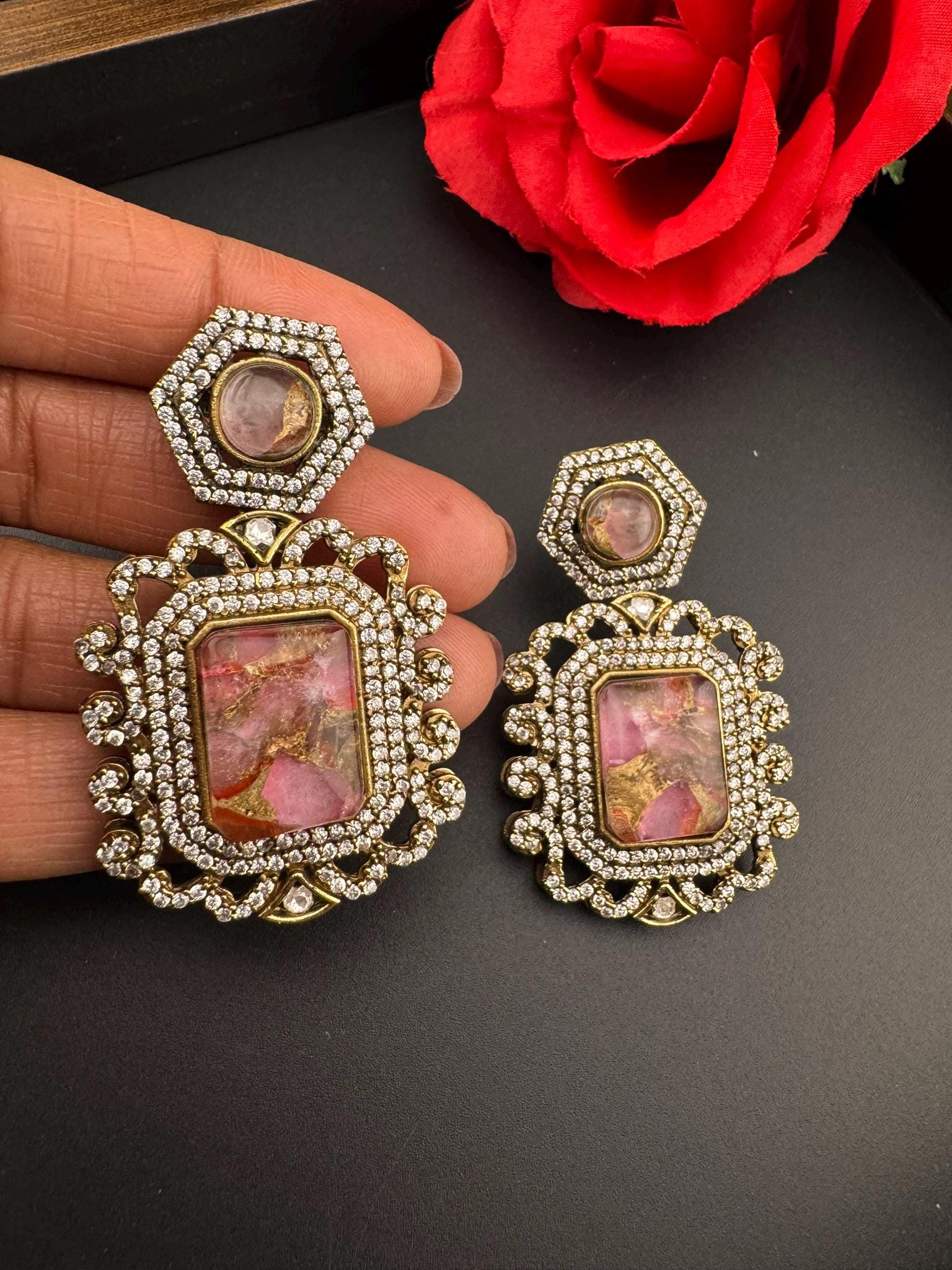 Premium Drop earrings with Marble Doublet stone and cubic zirconia, Gold polish