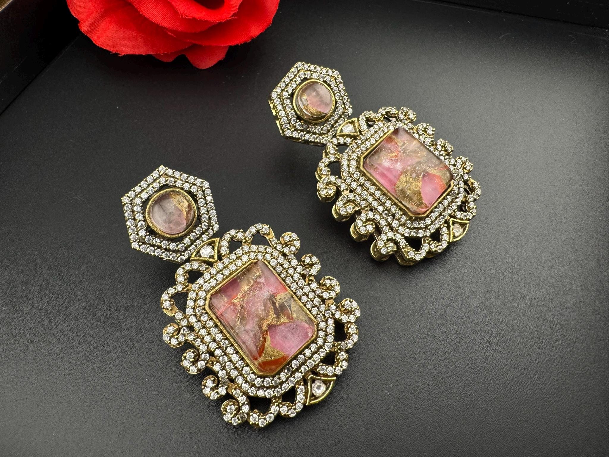 Premium Drop earrings with Marble Doublet stone and cubic zirconia, Gold polish