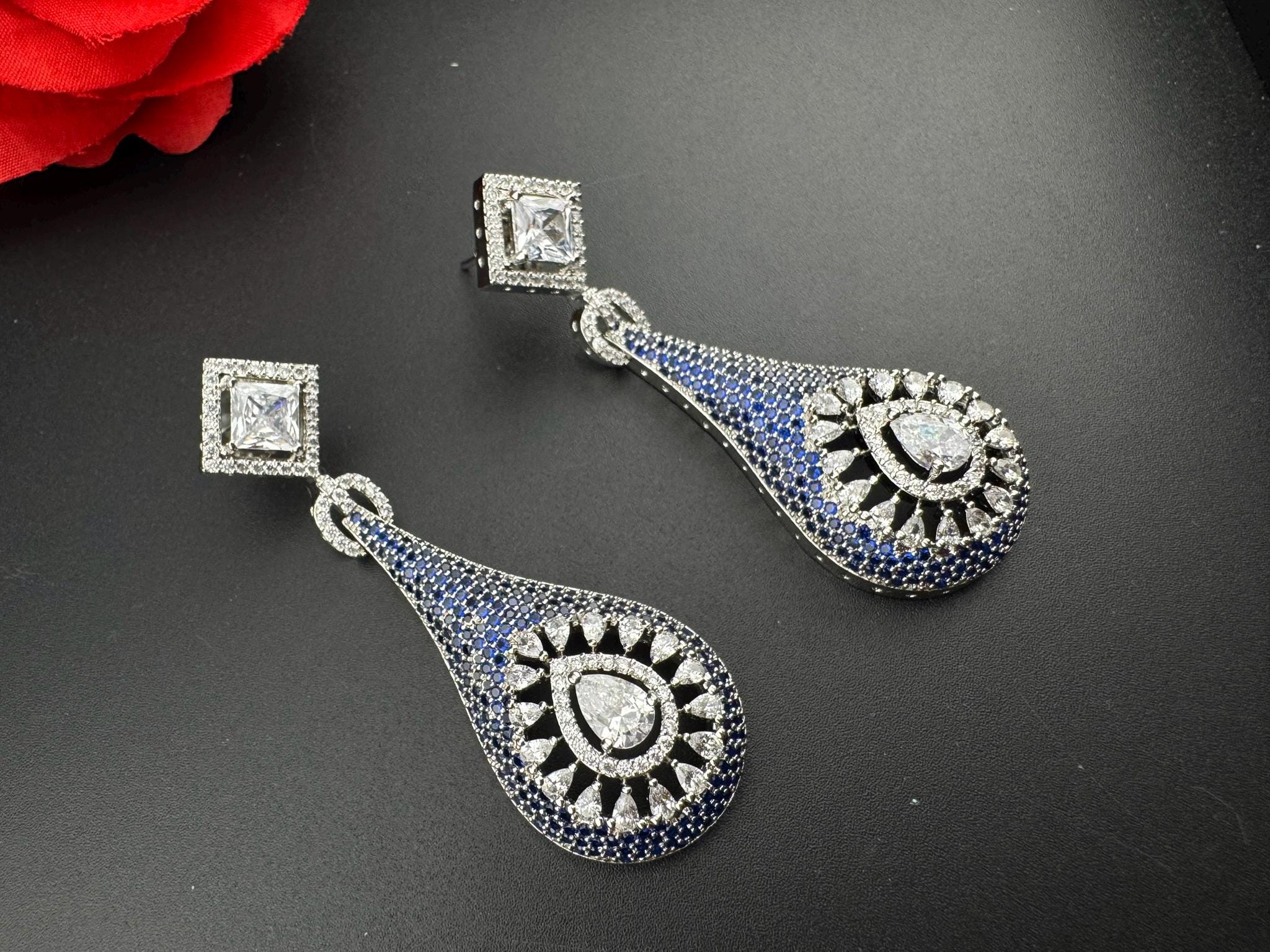 Blue Premium Nano Setting Cubic Zirconia Long Drop earrings with Clear crystal stones