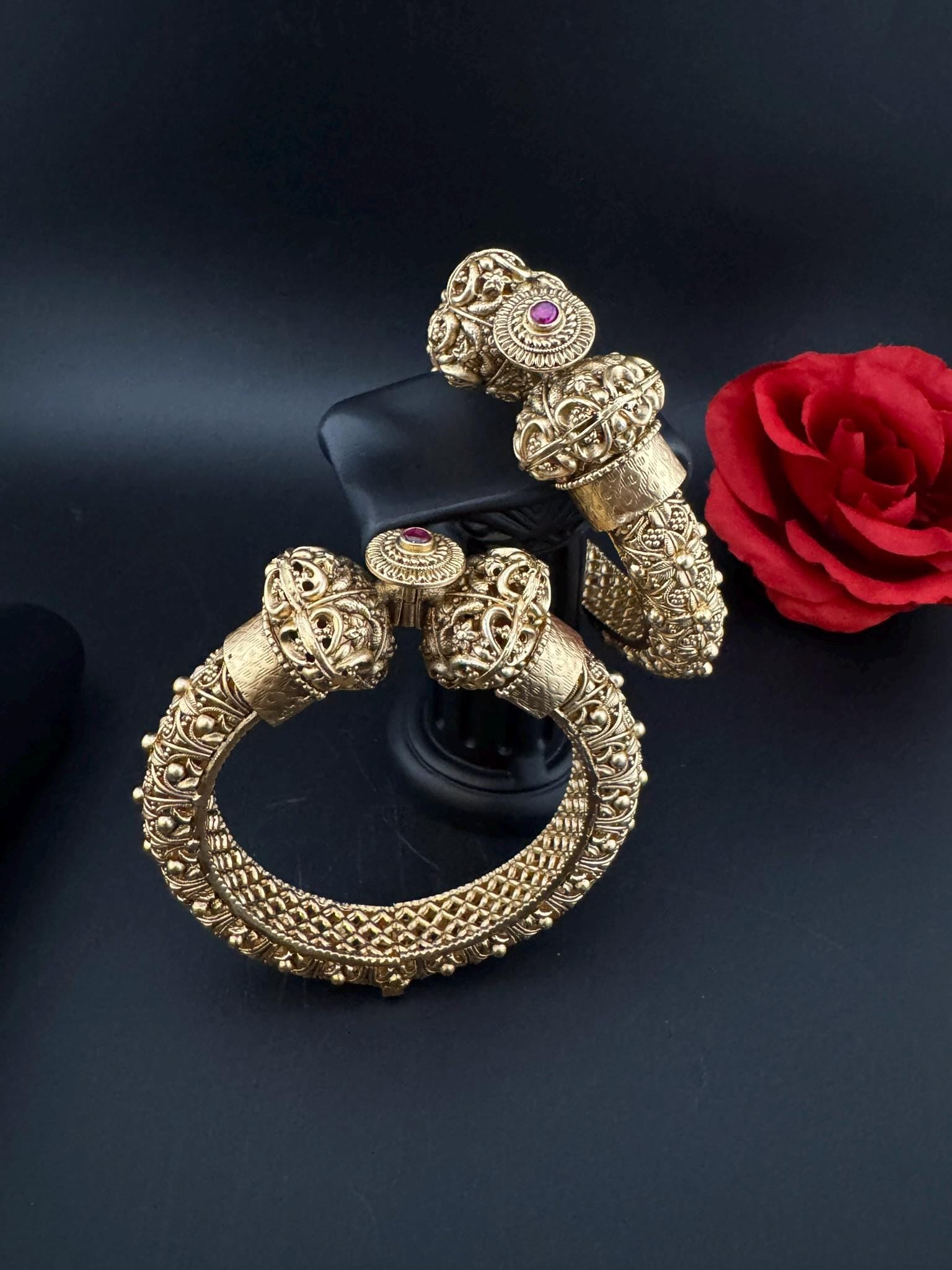 Amrapali inspired Designer Openable bangles in Matt Gold and ruby stones set of 2