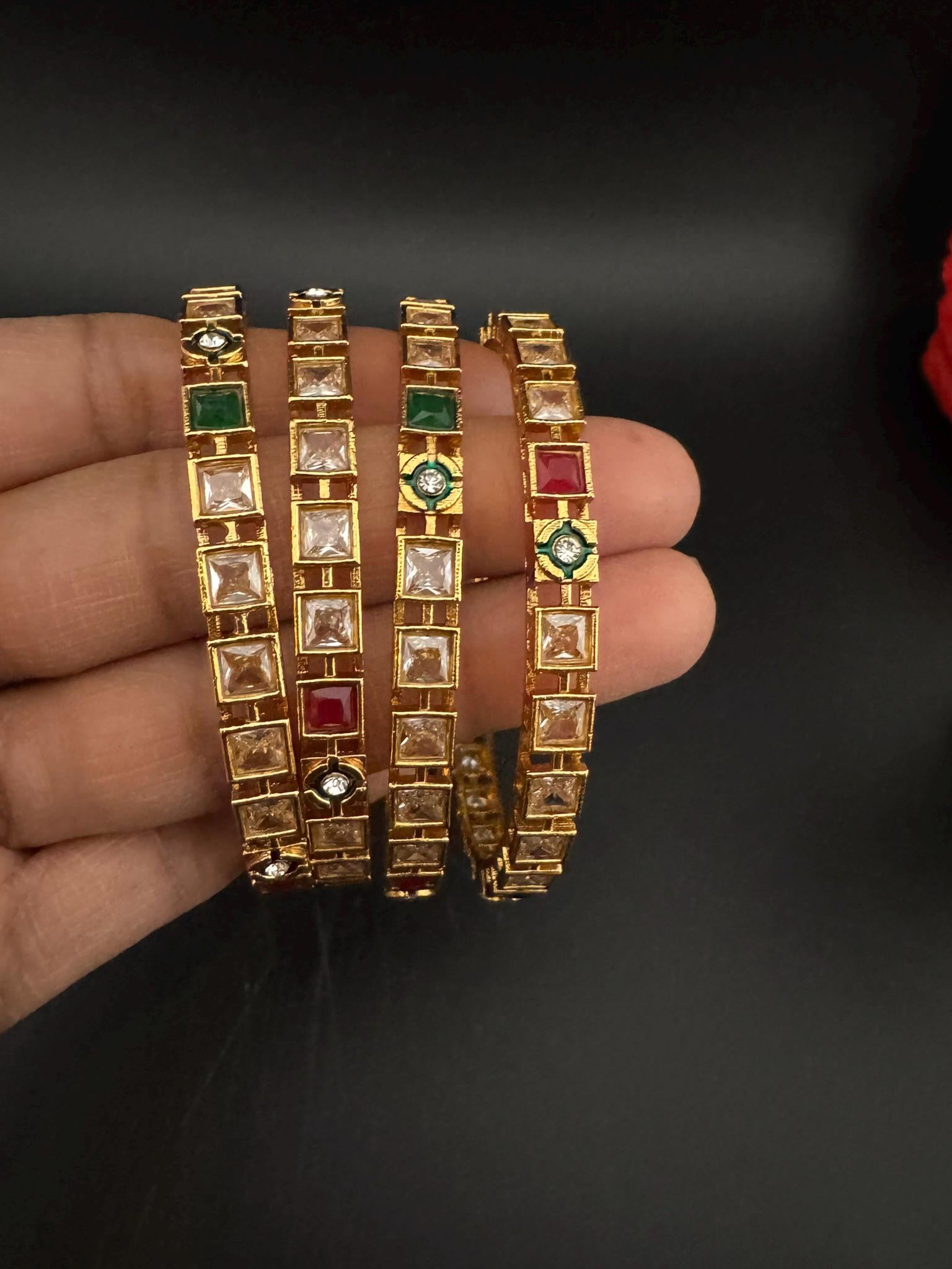 Set of 4 Matt Gold and multicolor stones in Amrapali inspired bangles set