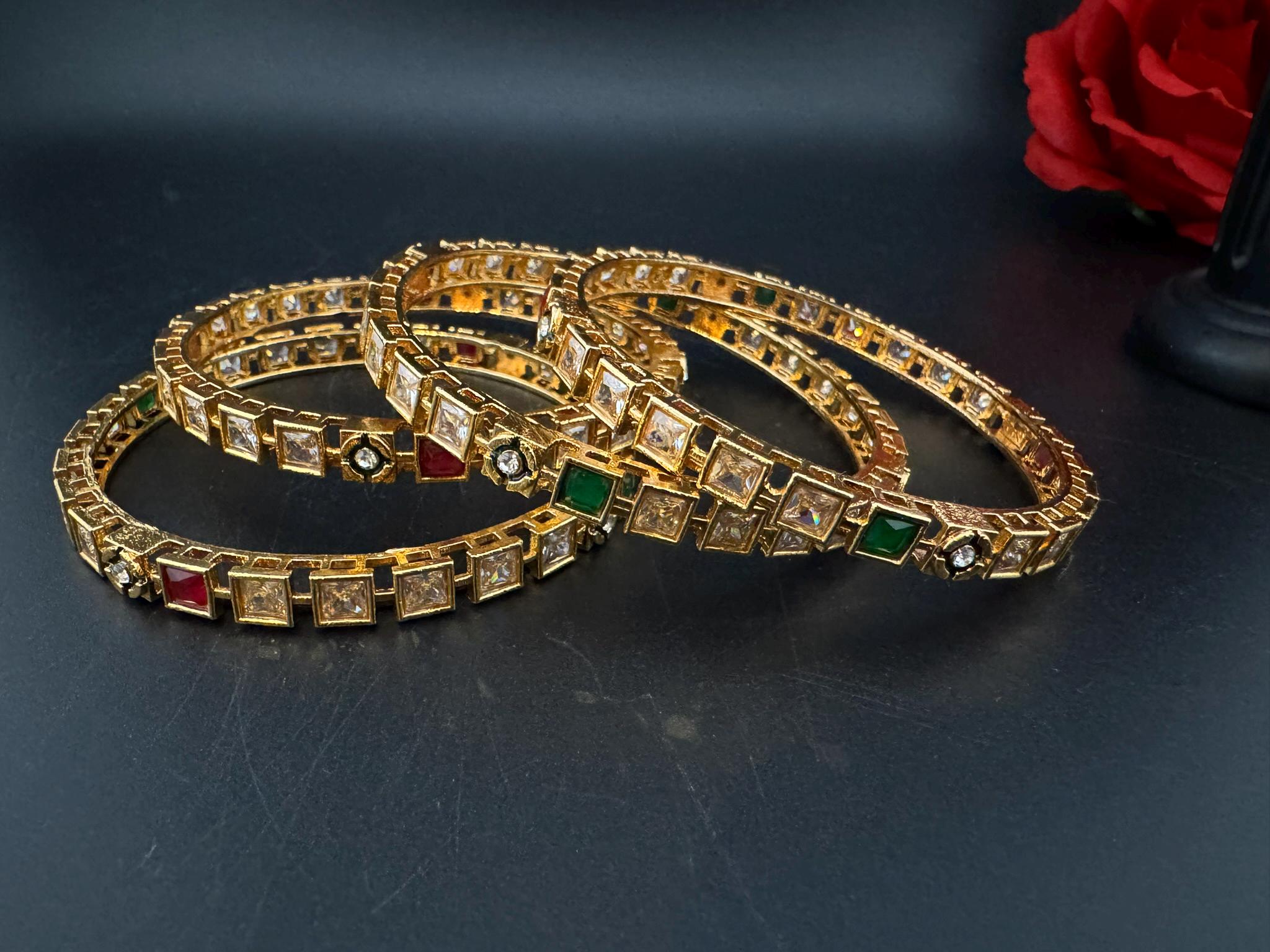 Set of 4 Matt Gold and multicolor stones in Amrapali inspired bangles set