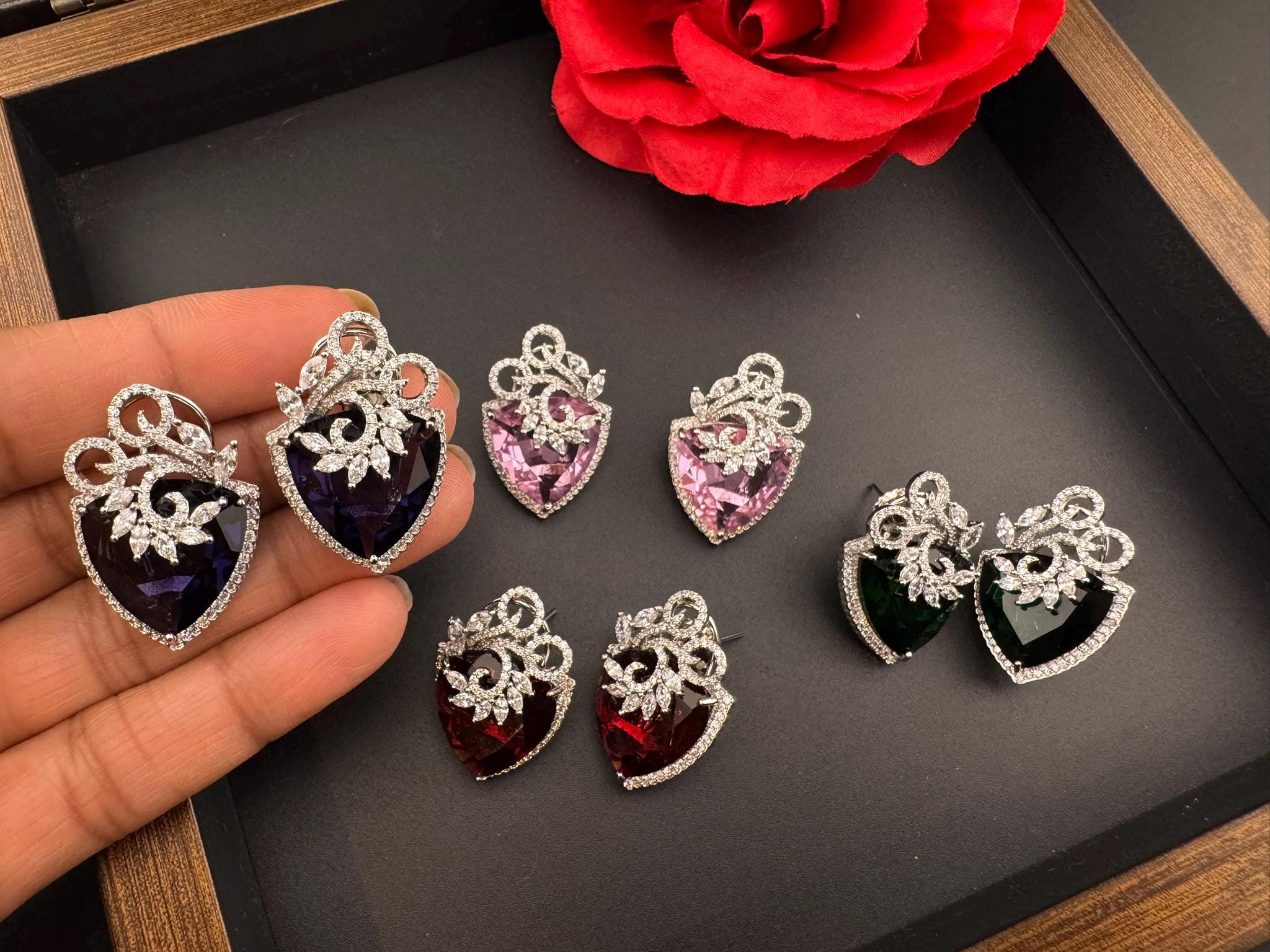 Premium Cubic Zirconia and Crystal stone in silver Polish Statement Studs earrings