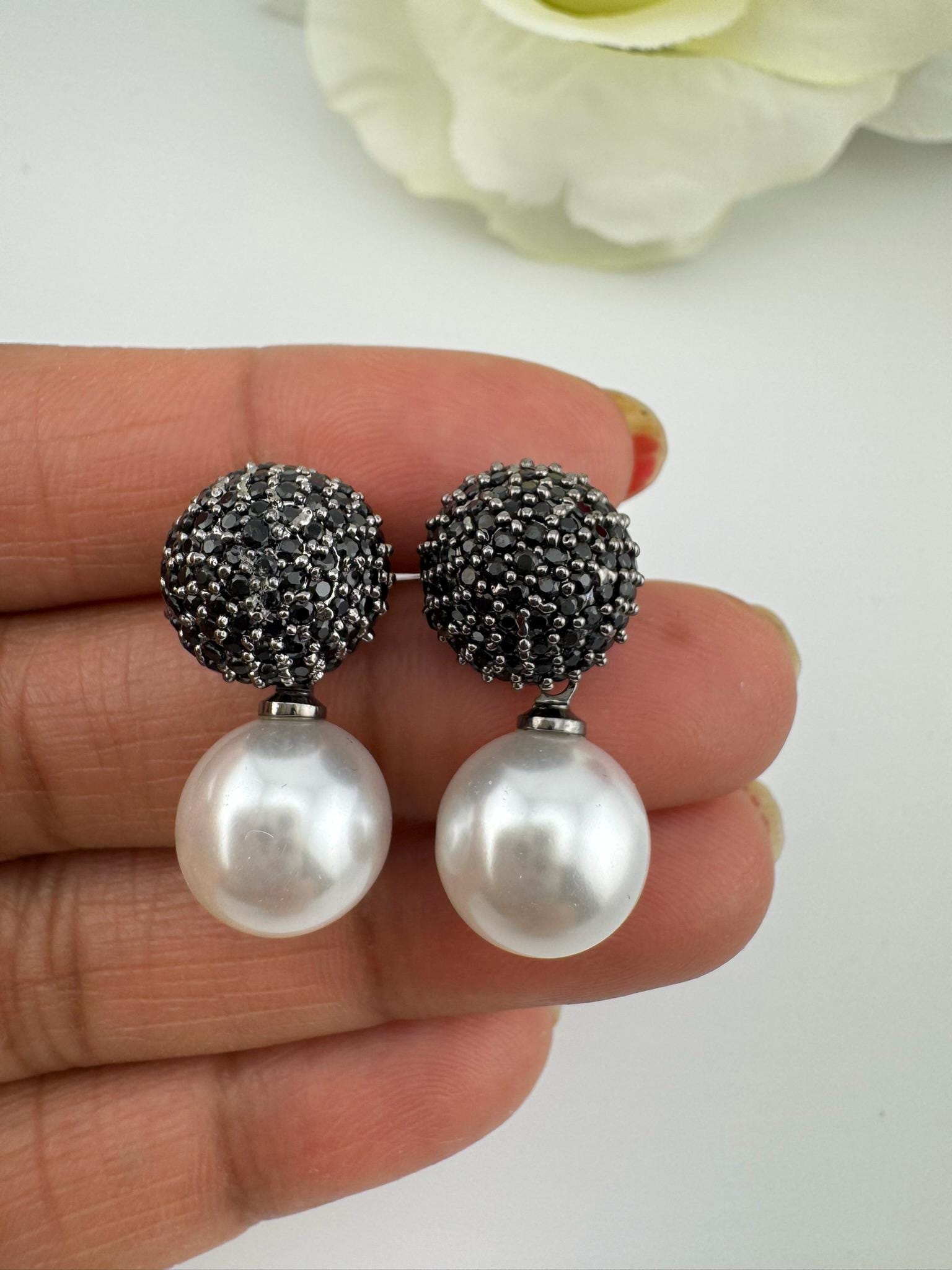 Premium Nano setting Cubic Zirconia and Pearl Victorian Pearl Drop earrings