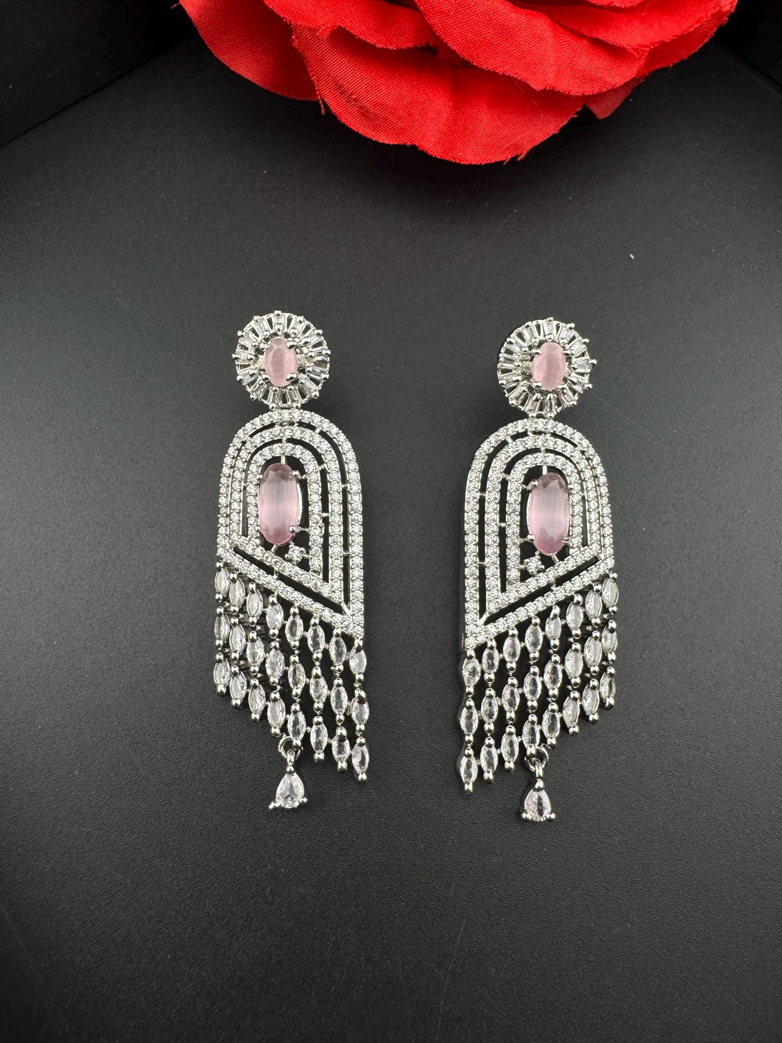 Pink Premium silver color Cubic Zirconia and Natural stone Long earrings