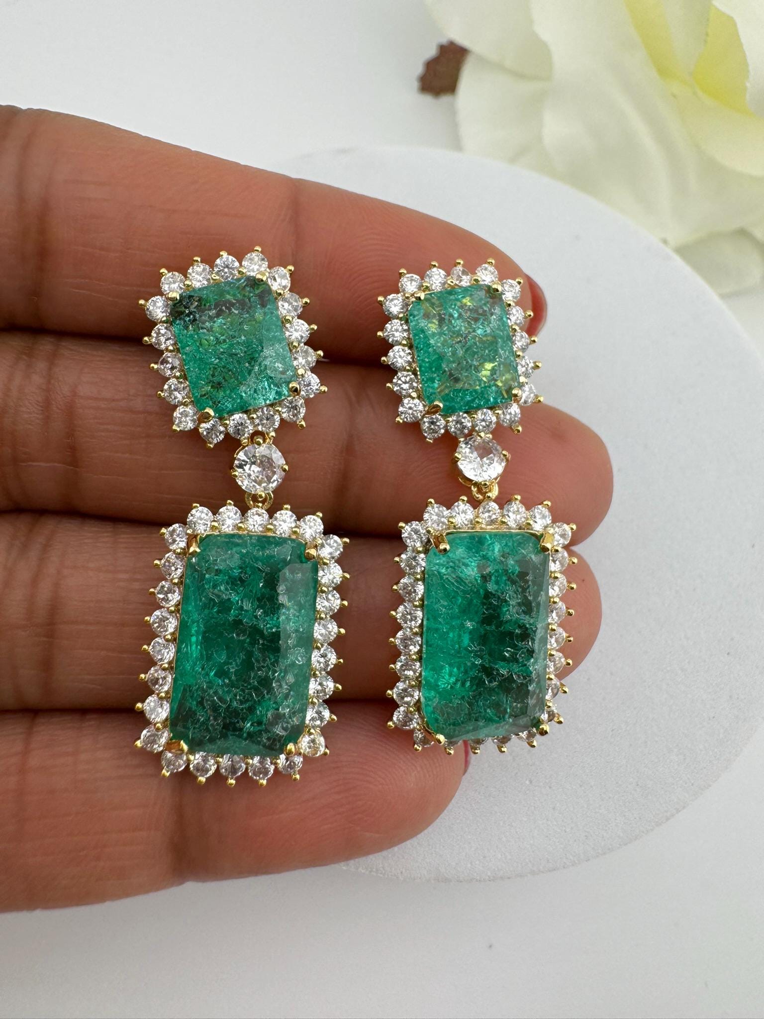 Sea Green Natural Doublet stone and Cubic Zirconia Premium Dangle earrings
