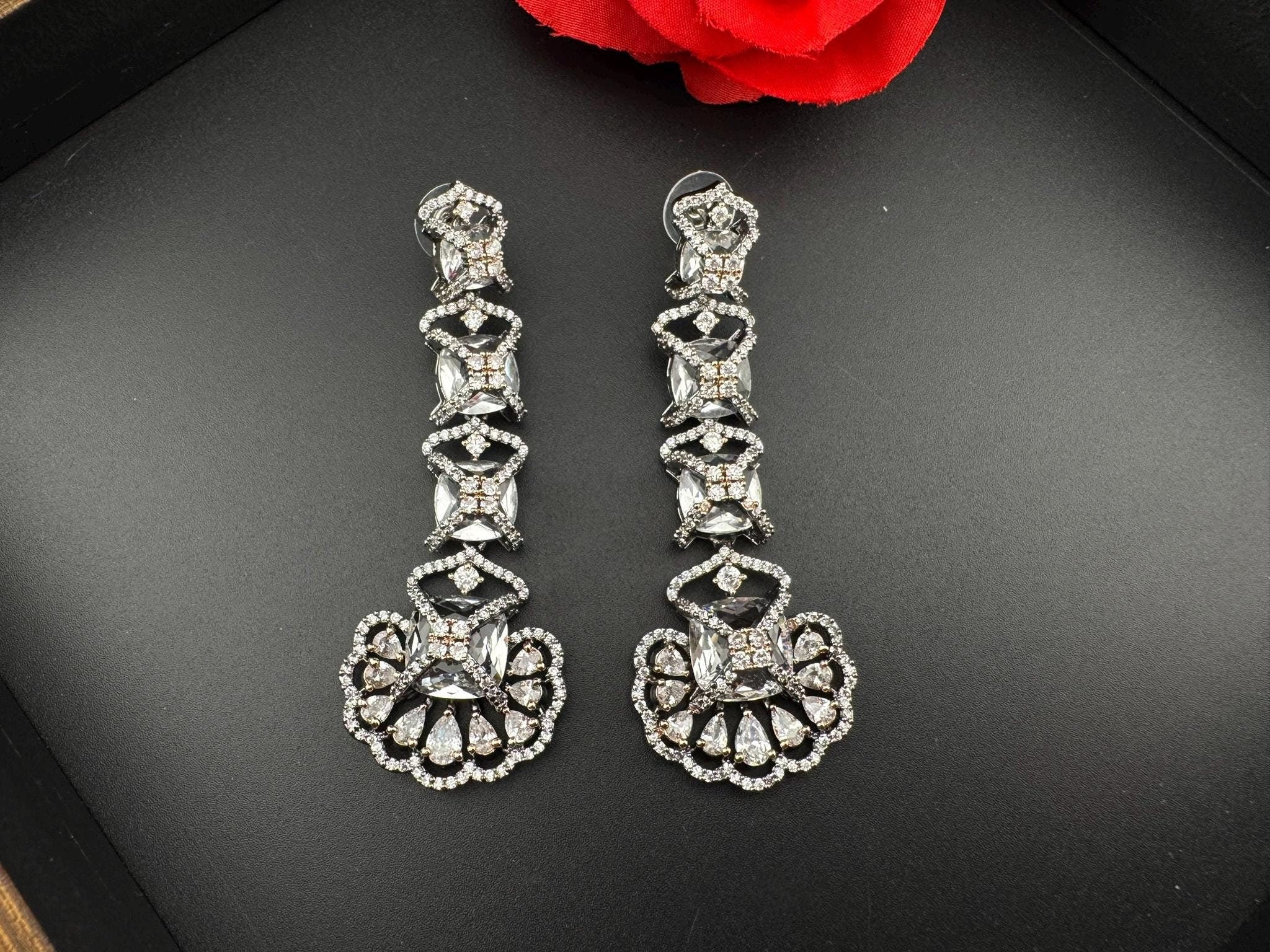 Premium Victorian Rose Gold Nano Setting Cubic Zirconia and Clear stones Long earrings